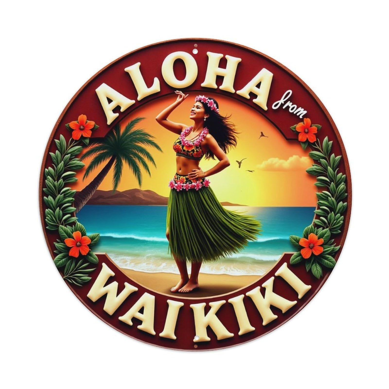 Aloha From Waikiki Tropical Scene Metal Tin Sign Plaque