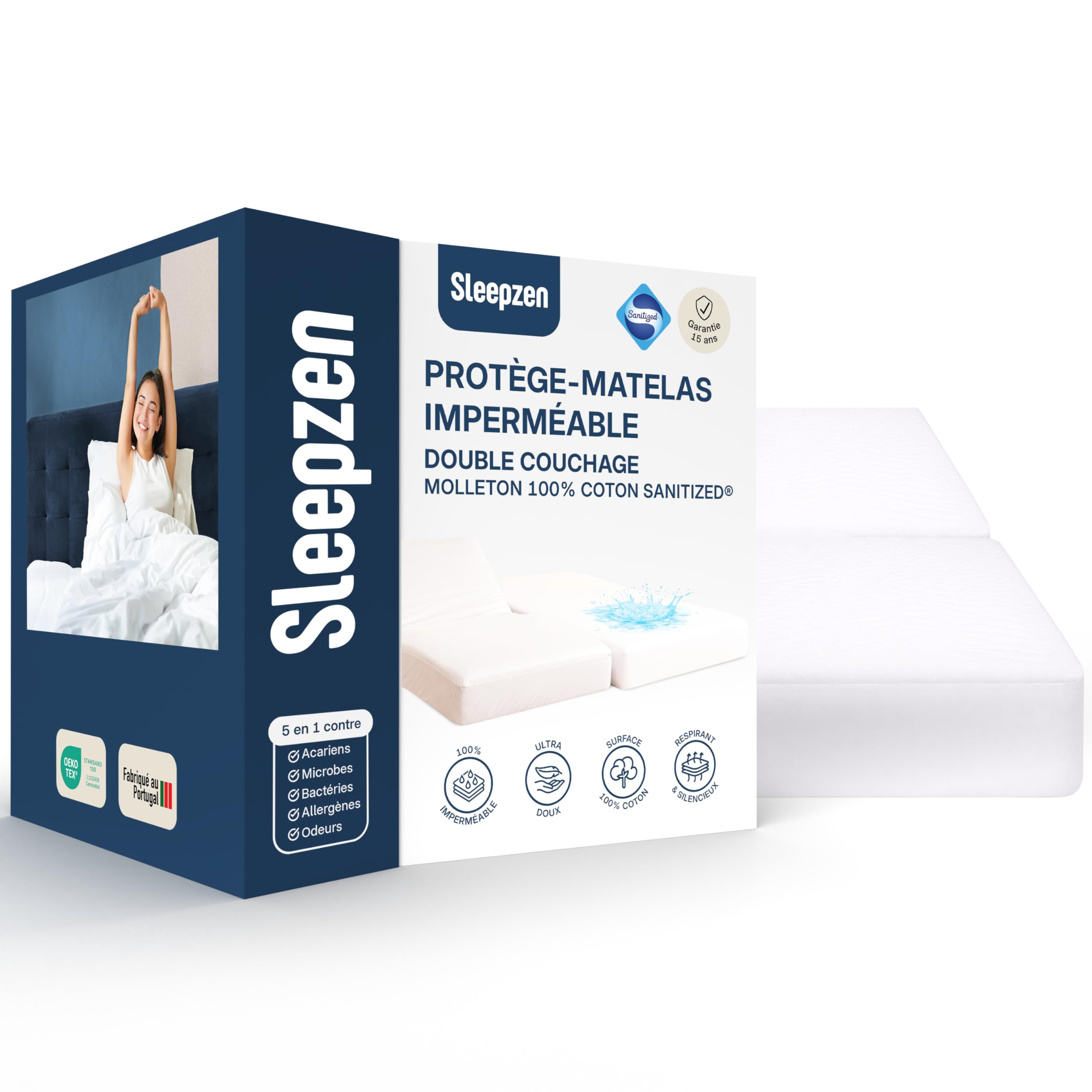 Protège matelas 2x70x190 respirant anti-acarien pour lit articulé double en coton