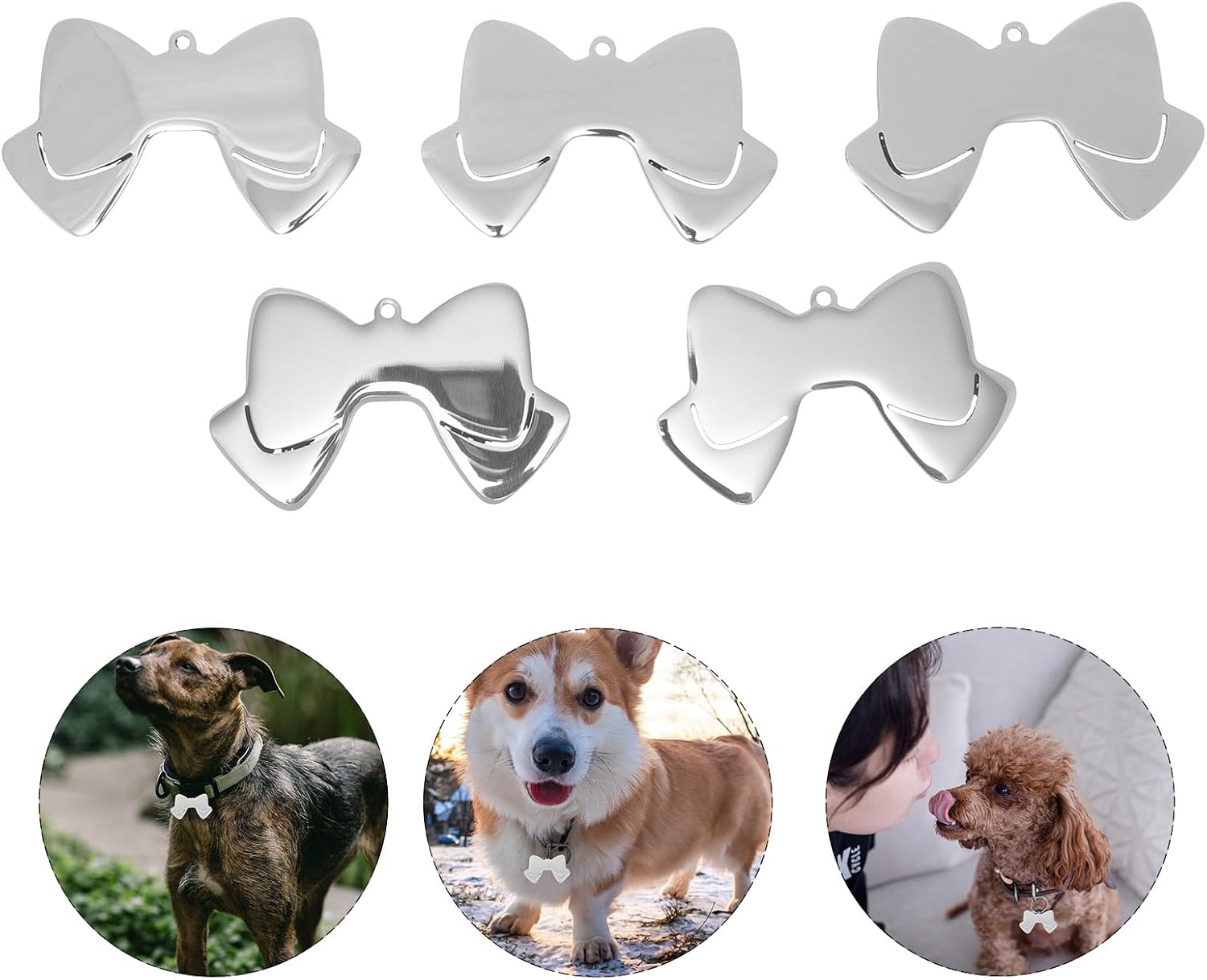 LUOZZY 60pcs Bow Shape Dog Id Tags Stainless Steel Pet Name 50mm Wide Bone Design for Dogs Accessory
