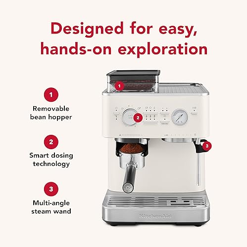 Miniatura 3 de KitchenAid Máquina de café expreso semiautomática con molinillo de rebabas, 2.5L, KES6551PL, porcelana blanca