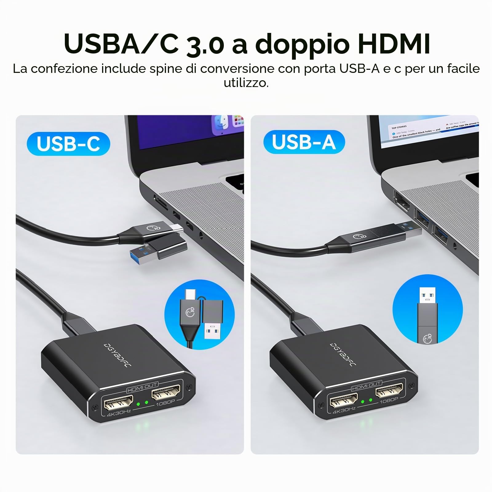 Adattatore da USB 3.0 a HDMI 1 in 2 out Display Esteso Doppio Monitor USBA e USBC a 2 Splitter HDMI 4K 30Hz+1080p 60Hz per Laptop MacOS Supporta la Modalità MST/SST con Cavo da USB-A/C a USB-C