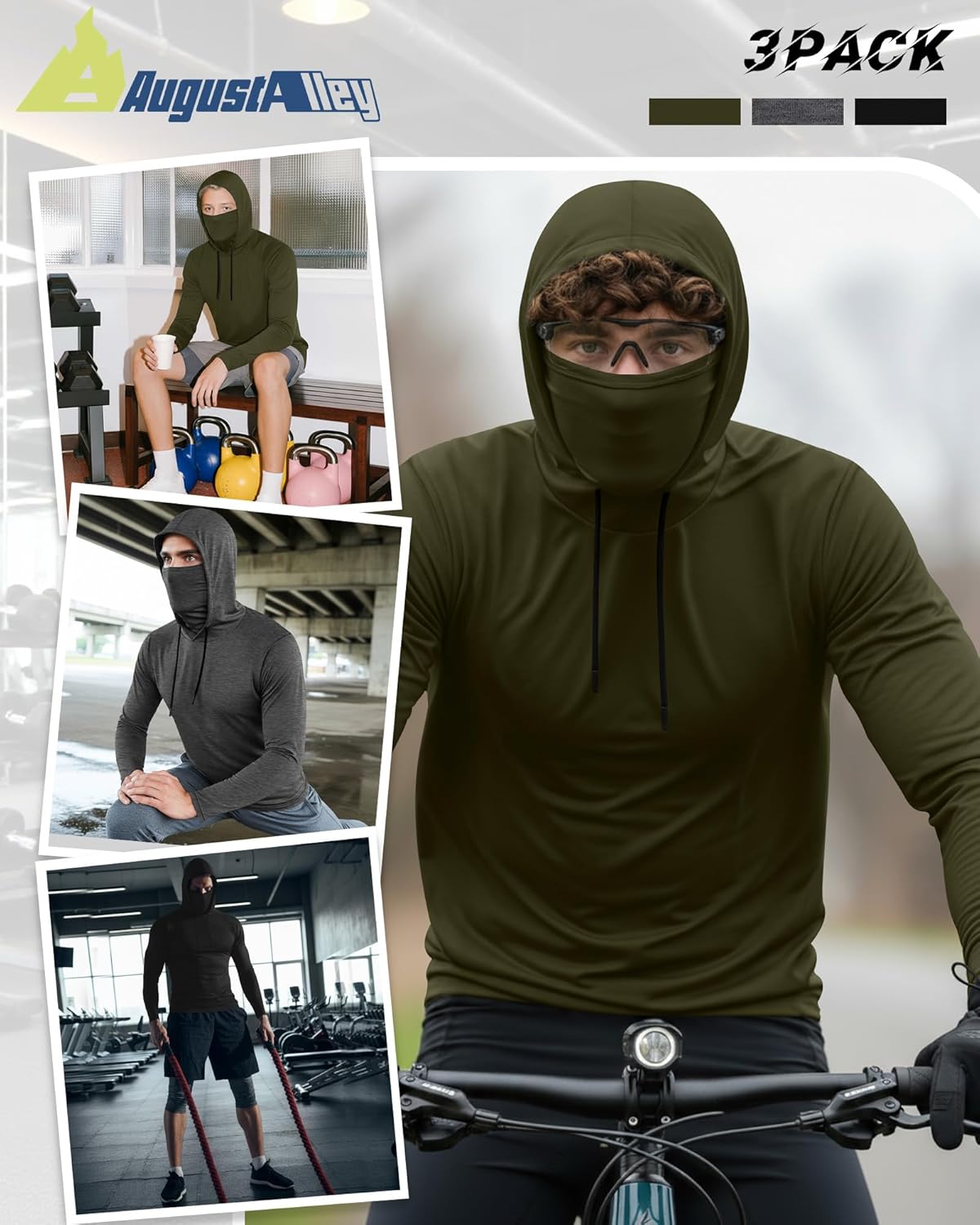 3 Pack Men's Sports Hoodies with Mask Compression Long Sleeve Thermal Shirts Base Layer Tees Running Pullover - Image 6