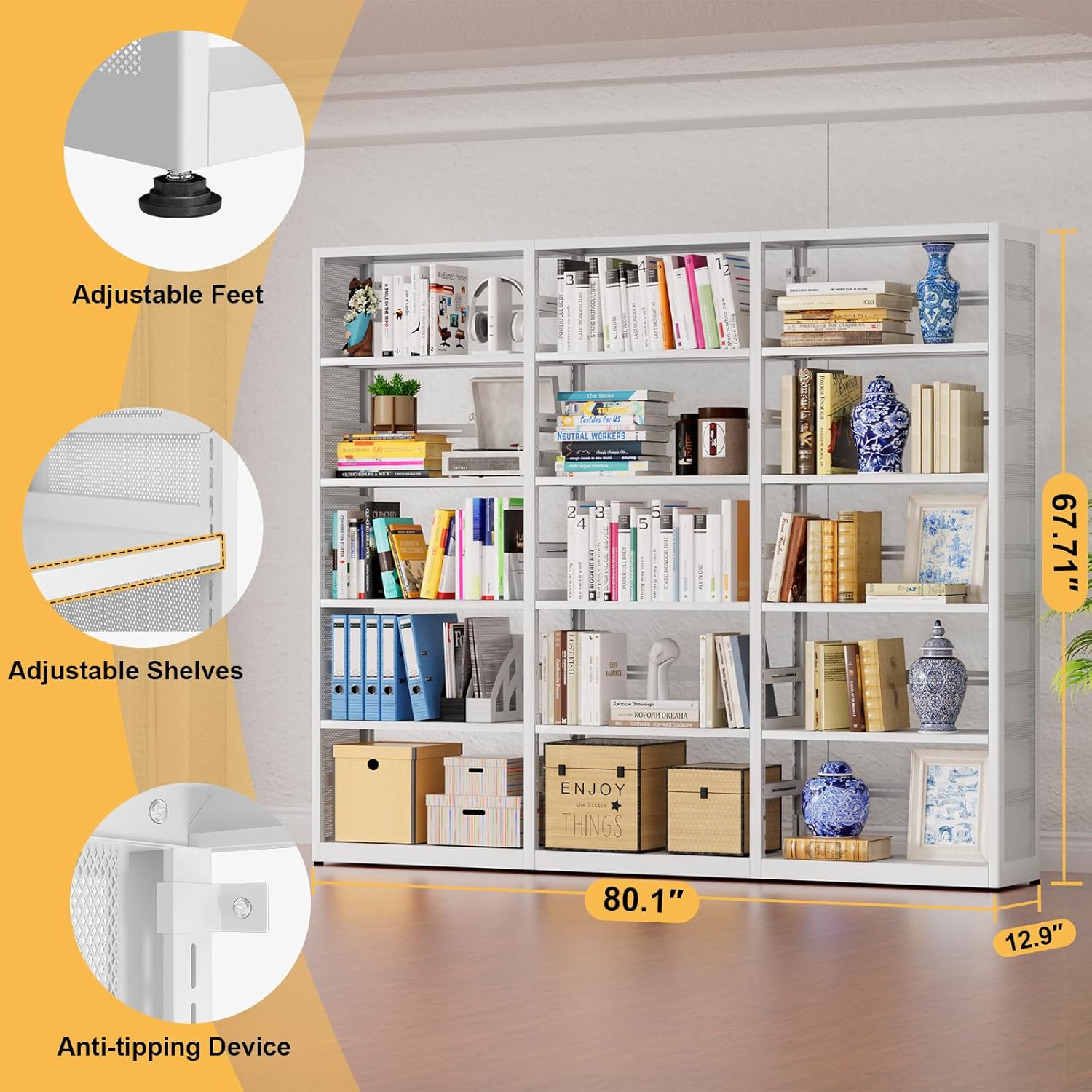 68''Tall Modern White Book Shelf, 5-Tier Bookshelves with Adjustable Shelves