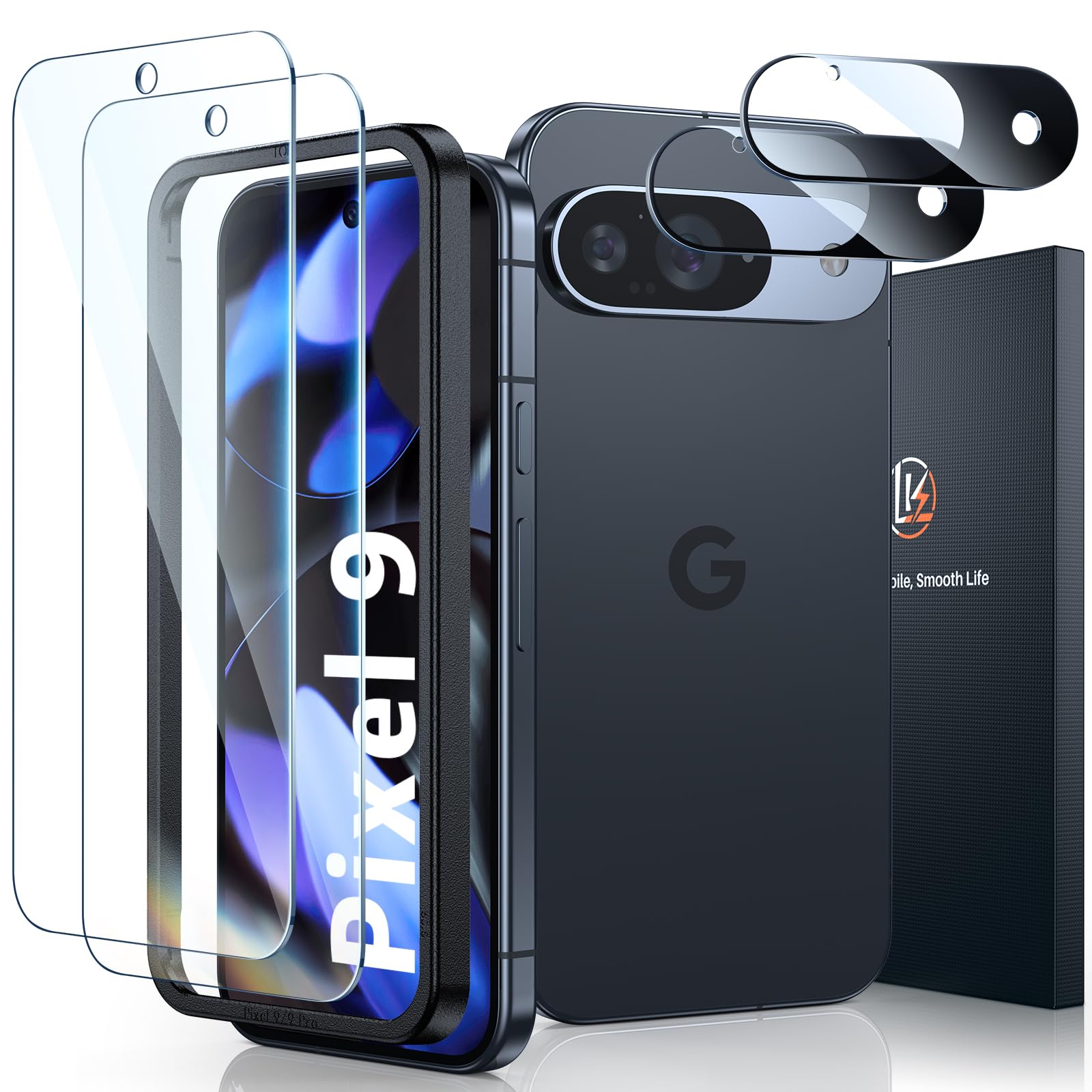 [2+2 Pack] LK 2 Pack Compatible for Google Pixel 9 Tempered Glass Screen Protector + 2 Pack Camera Lens Screen Protector, Easy Installation 9H Hardness glass film Anti-Scratch 6.3-inch