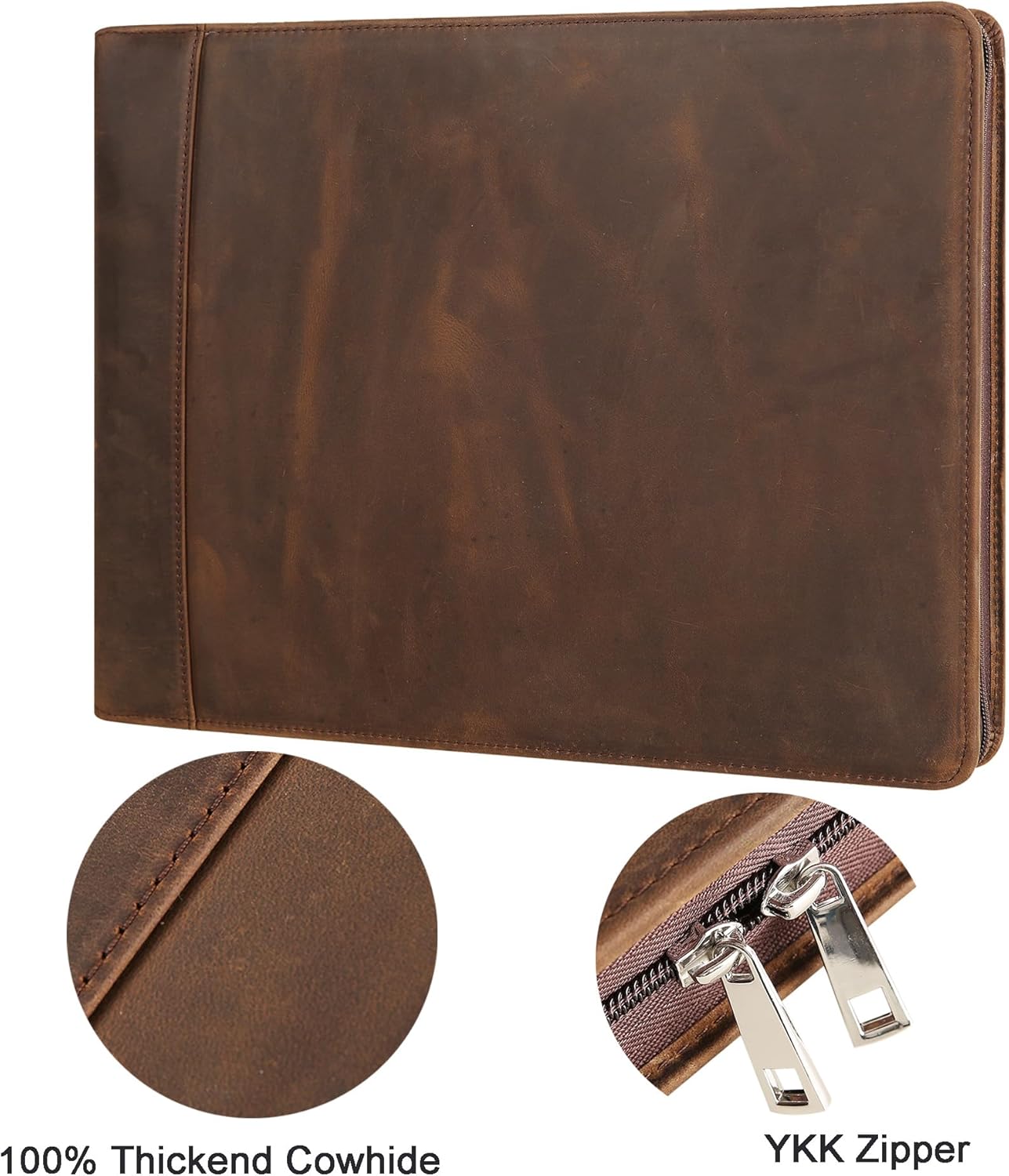 Leather Business Checkbook Binder - 7 Ring Zippered Binder with Check Book Holder for 3 Per Page, 600 Checks Capacity for 9 x 13 inch Sheets, Dark Khaki