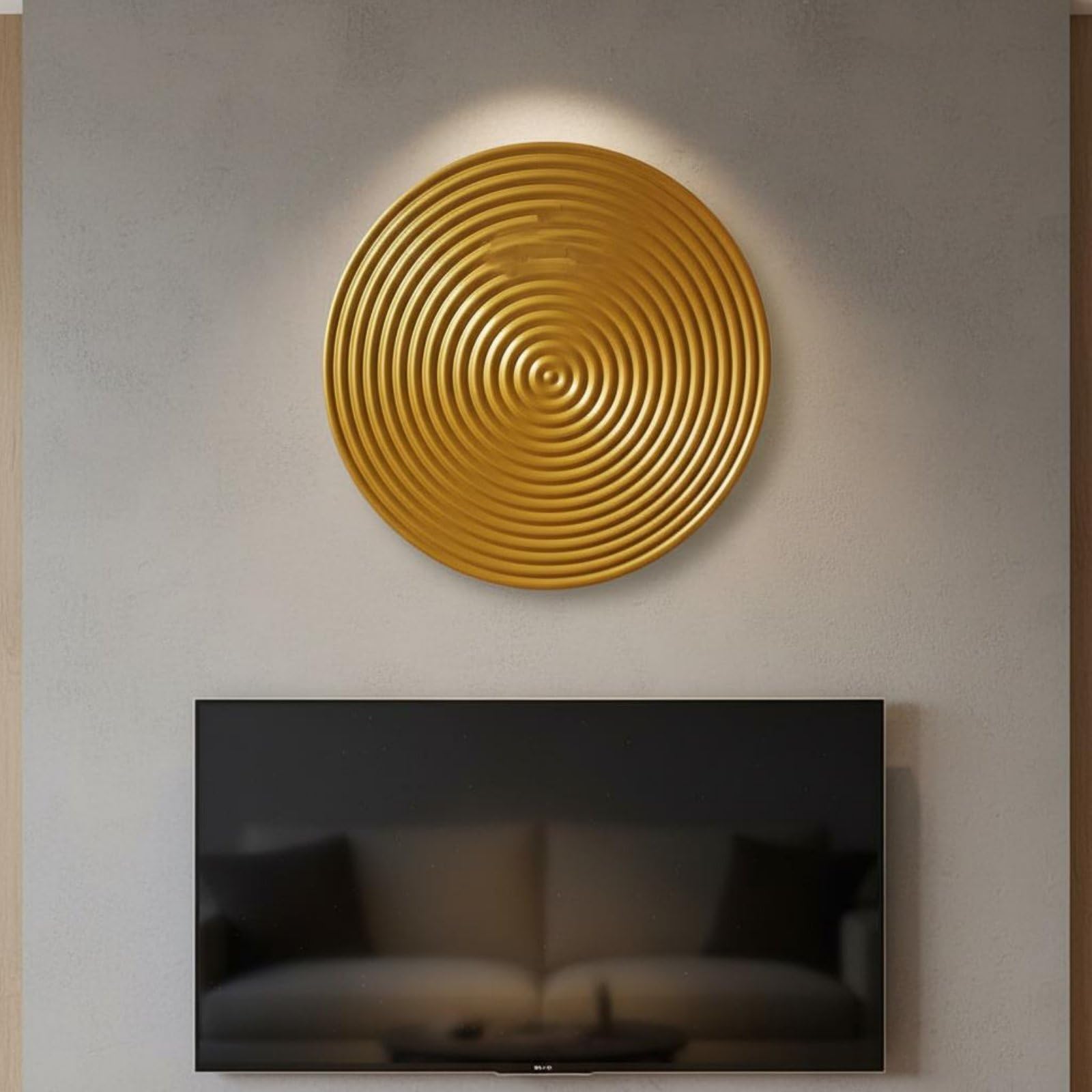 MotiveTech Wandteller Metall Wanddeko Wandplatte Wandrelief Wandkunst aus Eisen mit Kreisrippen Und Erhöhter Mitte in Schimmernder Oberfläche für Wohnzimmer Flur Eingang Büro, Gold