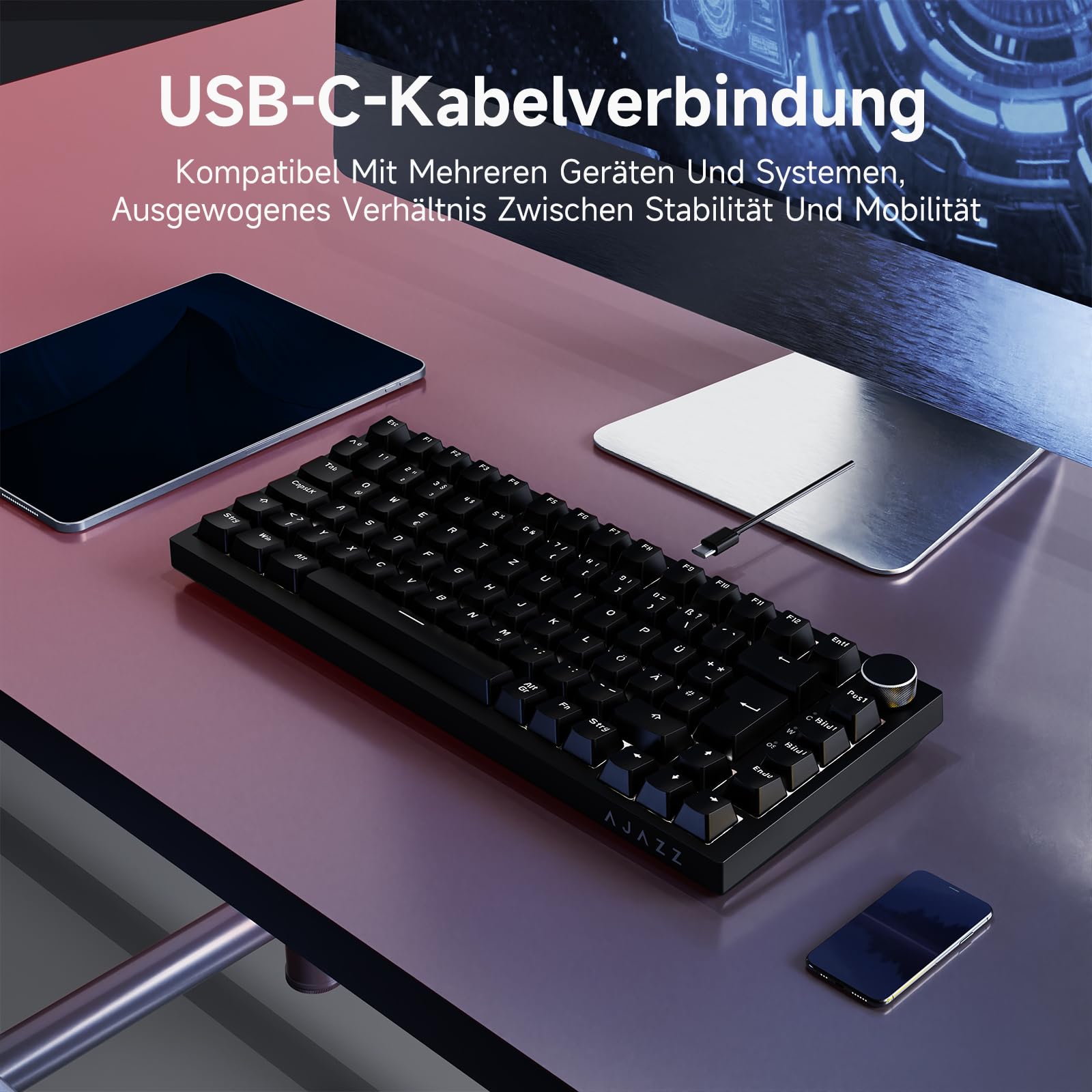 AJAZZ AK820 75% Hot Swappable Wired Mechanical Keyboard, German QWERTZ Layout, PBT Keycaps, 82-Keys Gaming Keyboard, Black