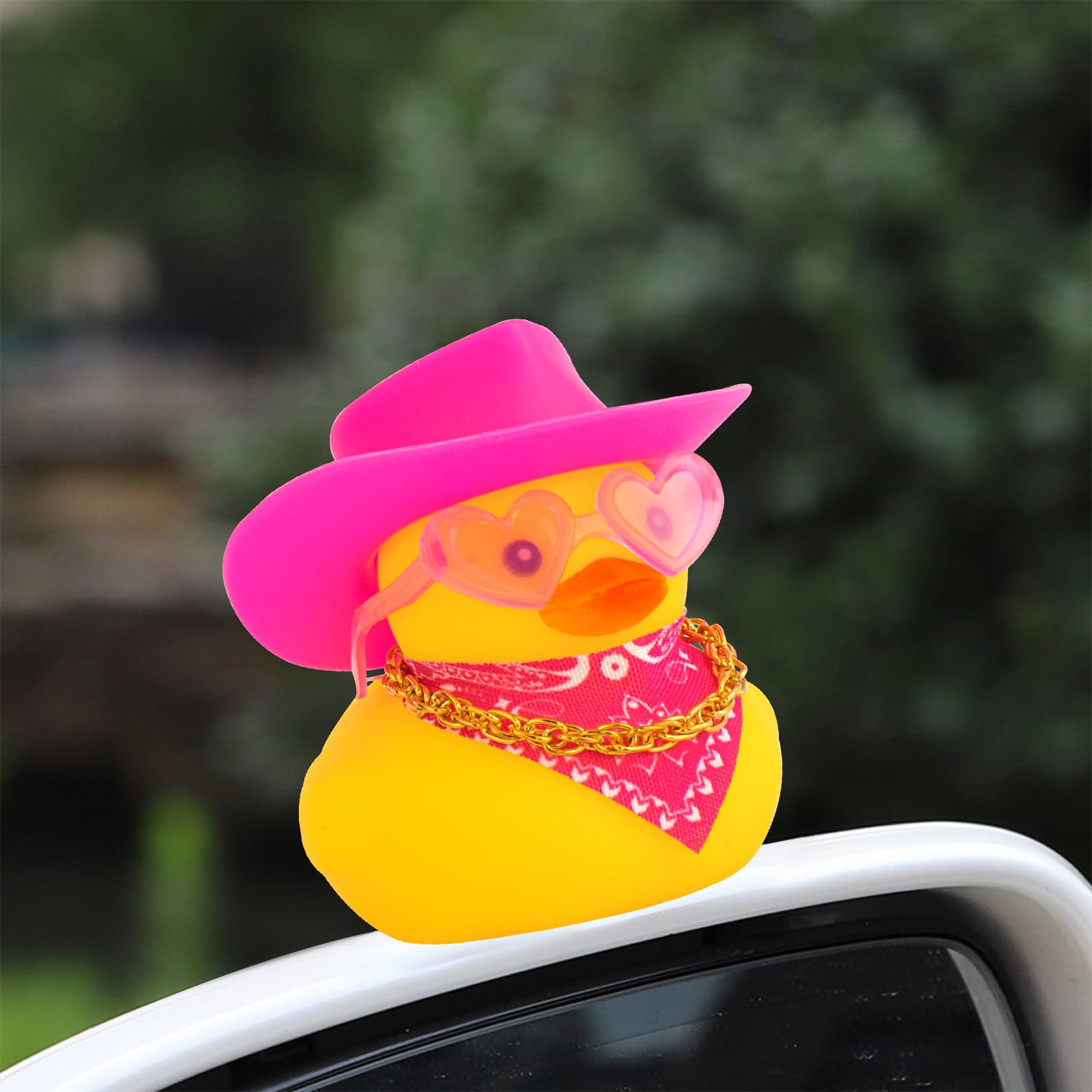 wonuu Car Rubber Cowboy Duck, Yellow Ducks Decoration Dashboard with Cowboy Hat Necklace Sunglasses, Pink