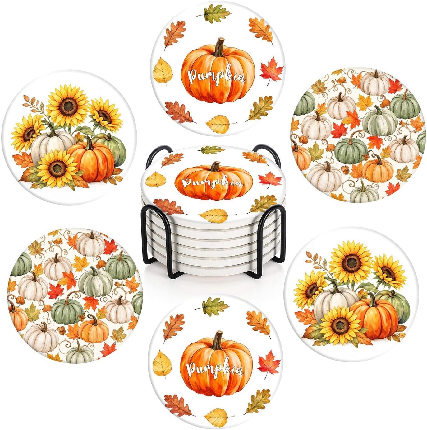 Fall Coasters for Drinks, Set of 6, Ceramic Stone Farmhouse Cat