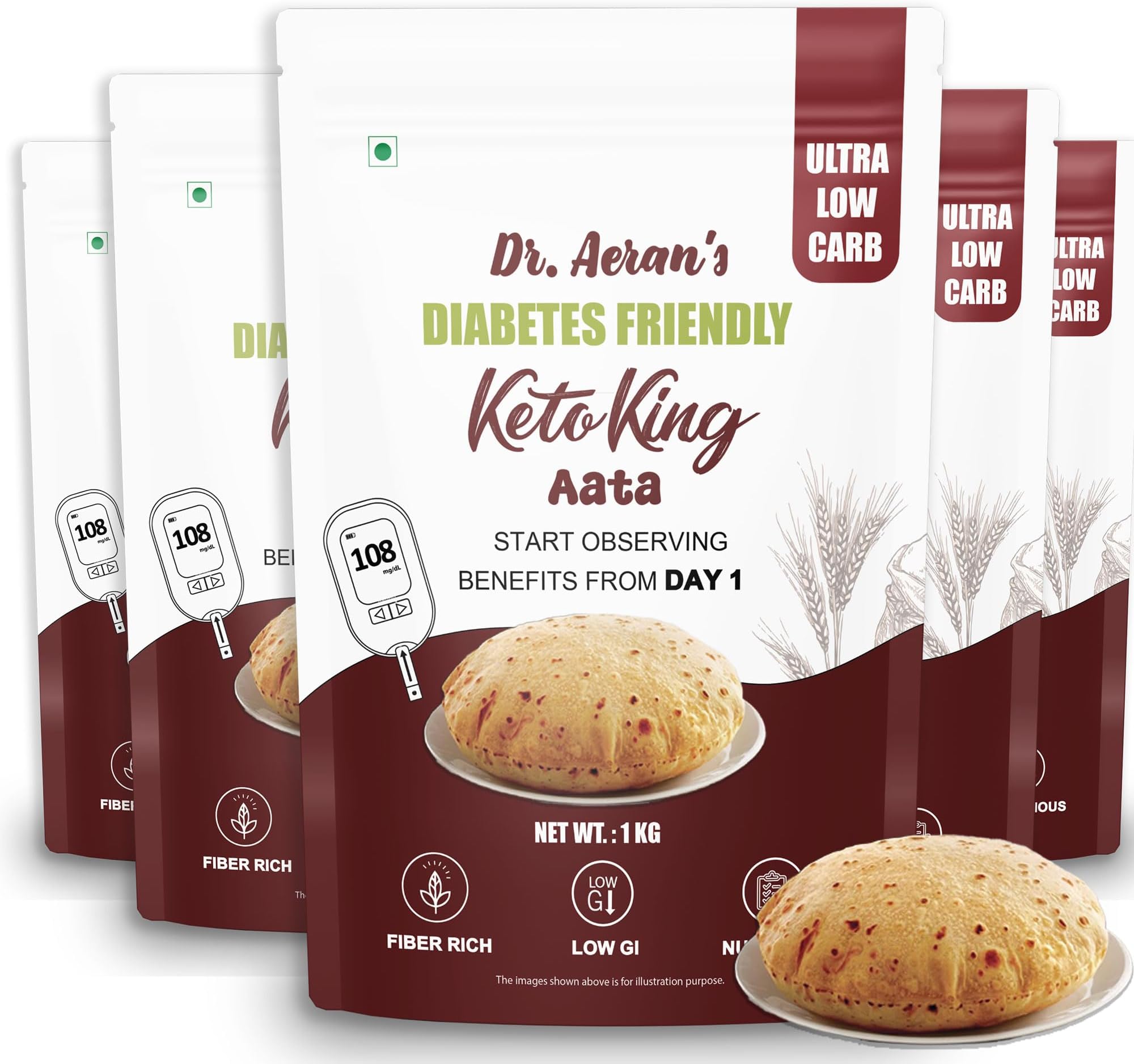 Dr. Aeran's Diabetes Friendly Keto King Atta, 5Kg, Ultra Low Carb, Low GI Atta for Sugar Release Control, Diabetic Atta For Diabetic Care, High Fiber Flour, Sugar Control Keto Atta