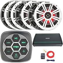 Metra IBBTR19 Marine Bluetooth 3-Zone Controller, 8X 6.5 195W Max Power RGB LED Boat Speakers w/Charcoal and White Grilles, 800 Watt 8-Channel Full-Range Class D Amplifier, 8 Gauge Amp Install Kit