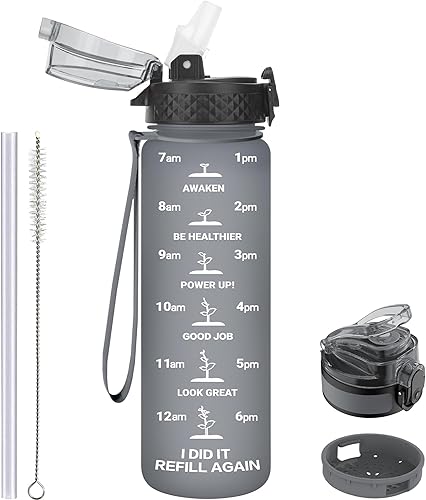 GOPPUS Botella de agua para niños con tapa de boquilla con pajilla, 10 calcomanías de 1217 onzas, a prueba de fugas, sin BPA, marcador de tiempo