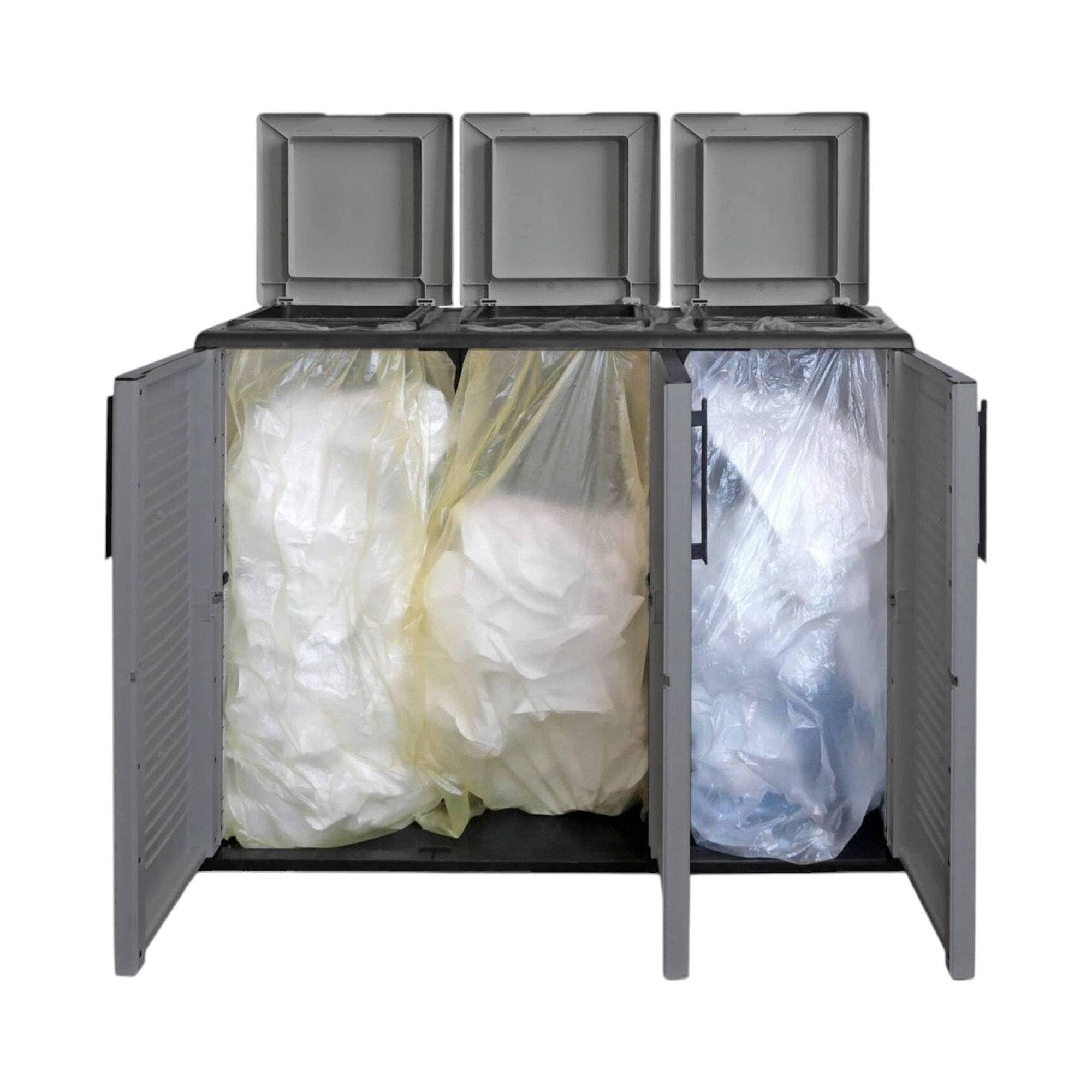Dmora Pattumiera Aalst, Cestino portarifiuti, Bidone per Raccolta differenziata a 3 Ante, 100% Made in Italy, 102x37h84 cm, Grigio e Nero, Finitura Righe