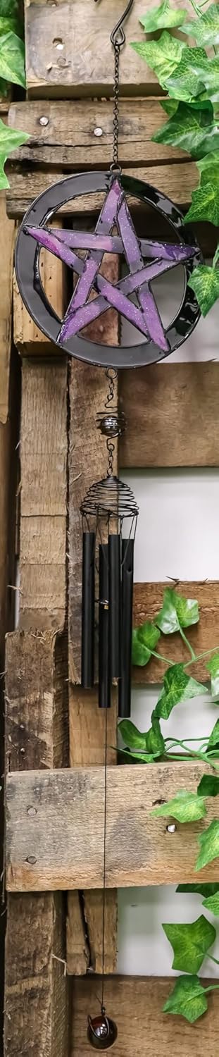 Ebros Gift Purple Stained Glass Pentacle Pentagram Circle Resonant Relaxing Metal Wind Chime Suncatcher Garden Patio Accent with Gemstones and Beads