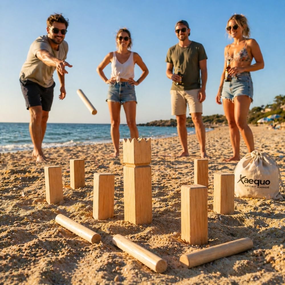 SHOP-STORY Jeu de Kubb en Bois, 21 Pièces, pour 2 à 12 Joueurs, Jeu d'Adresse d'Extérieur, avec Filet de Rangement, Dès 6 Ans
