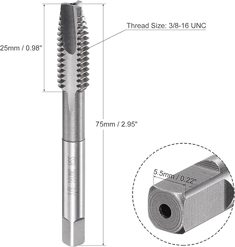 Miniatura 2 de uxcell Grifo roscado de punta espiral 38-16 UNC, HSS (acero de alta velocidad) Macho de rosca de máquina 3 flautas rectas sin recubrimiento