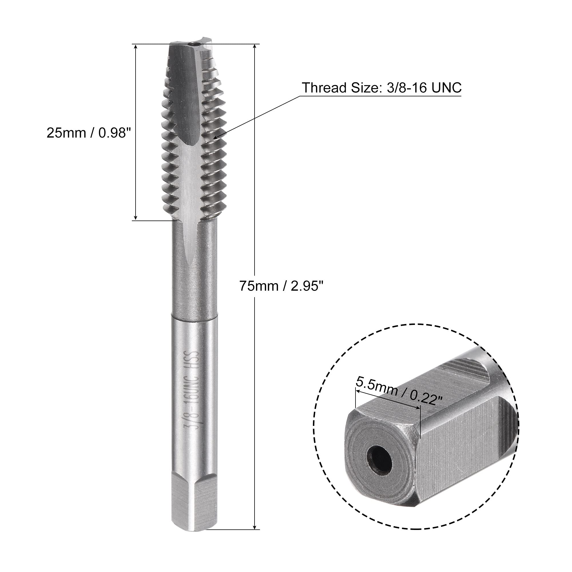 sourcing map Spirale Pointe Fil Taraud 3/8-16 UNC HSS Haute Vitesse Acier Machine Fil Vis Taraud 3 Droit Cannelures Non Couché Taraudage Outil H2 Tolérance