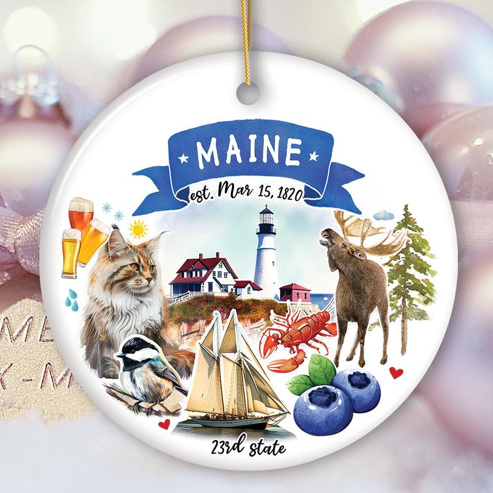 Collectible Ceramic USA Souvenir Keepsakes - Artistic Maine State Themes and Landmarks Christmas Ornament