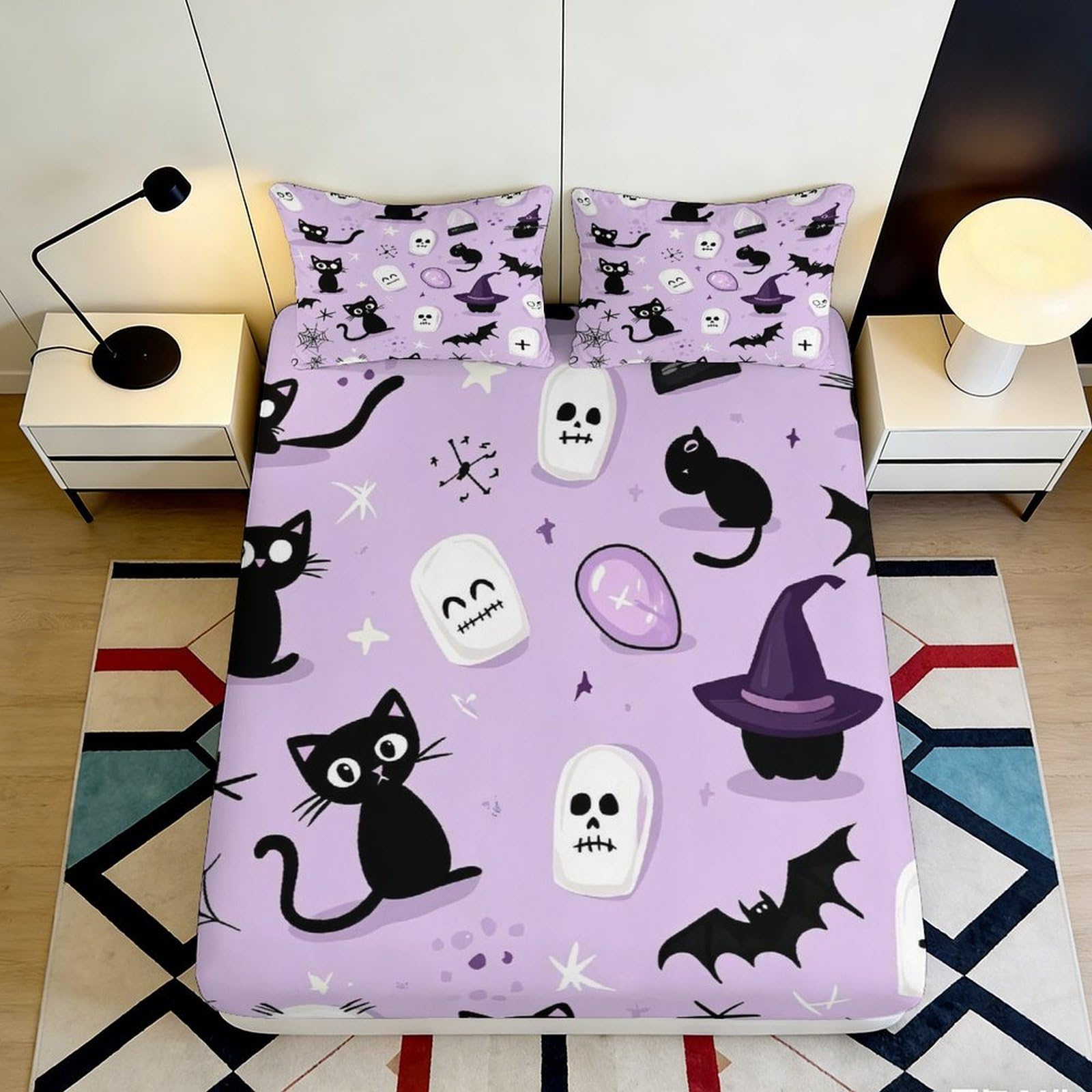 3D Printed Halloween Cat Fitted Sheet Microfiber Soft Purple Ghost Bat Mattress Cover for Bedroom Dorm Decor 90x200x25cm