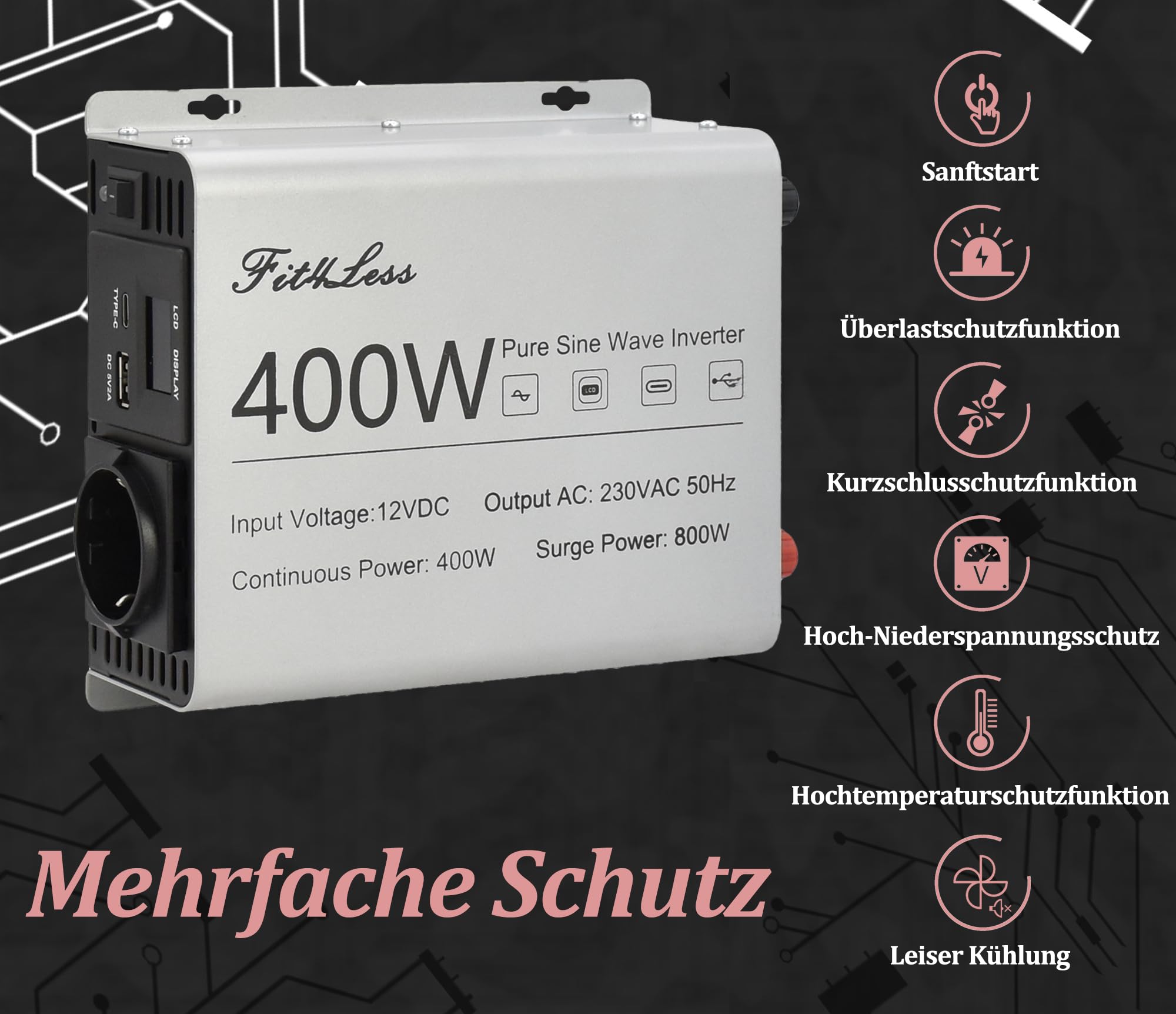Reiner Sinus-Wechselrichter DC 12 V Eingang und AC 230 V Ausgang mit LCD-Display, USB-Ausgangsanschluss, Typ-C-Ausgang (400 W)
