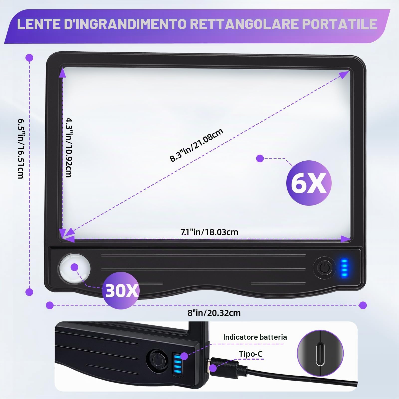 NZQXJXZ 6X 30X Lente Ingrandimento con Luce, Lente d'ingrandimento Rettangolare a Pagina Intera con 36 LED e 3 Livelli di Luminosità, Ricaricabile Lente di Ingrandimento per Lettura, Anziani