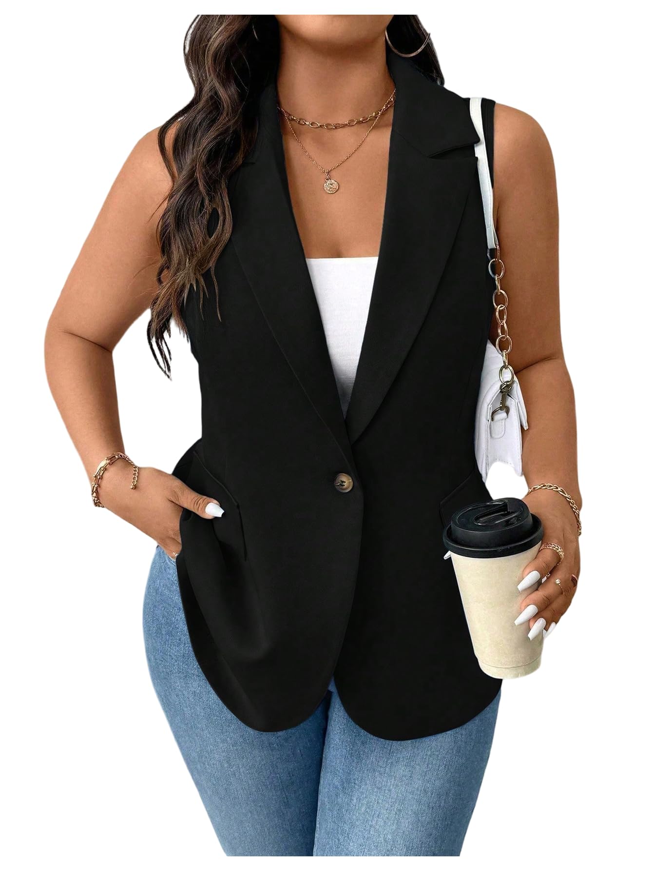 GORGLITTER Womens Plus Size Blazer Summer Sleeveless Open Front Blazer Vest Jacket Business Casual Work Office Outfit