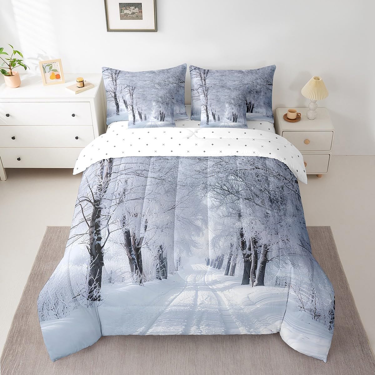 Feelyou Queen Comforter Set 7 Pcs Snow Scene Bed in a Bag Cedar Pattern Bedding Set for Kids Adult Winter Nature Themed Comforter Bed Set with Sheets, Pillowcases, Pillow Covers Room Decor White