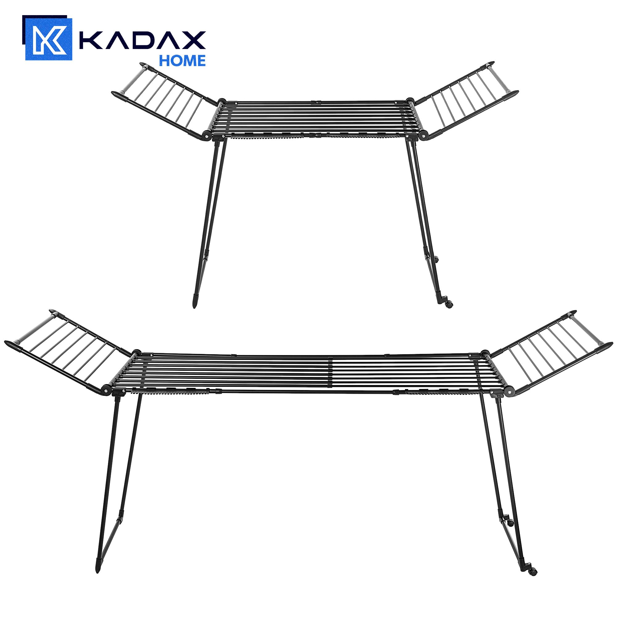 KADAX Tendedero extensible, 257x60x99 cm, secador de pie con gran superficie de secado, secador de ropa plegable, tendedero de alas extensible (Negro)