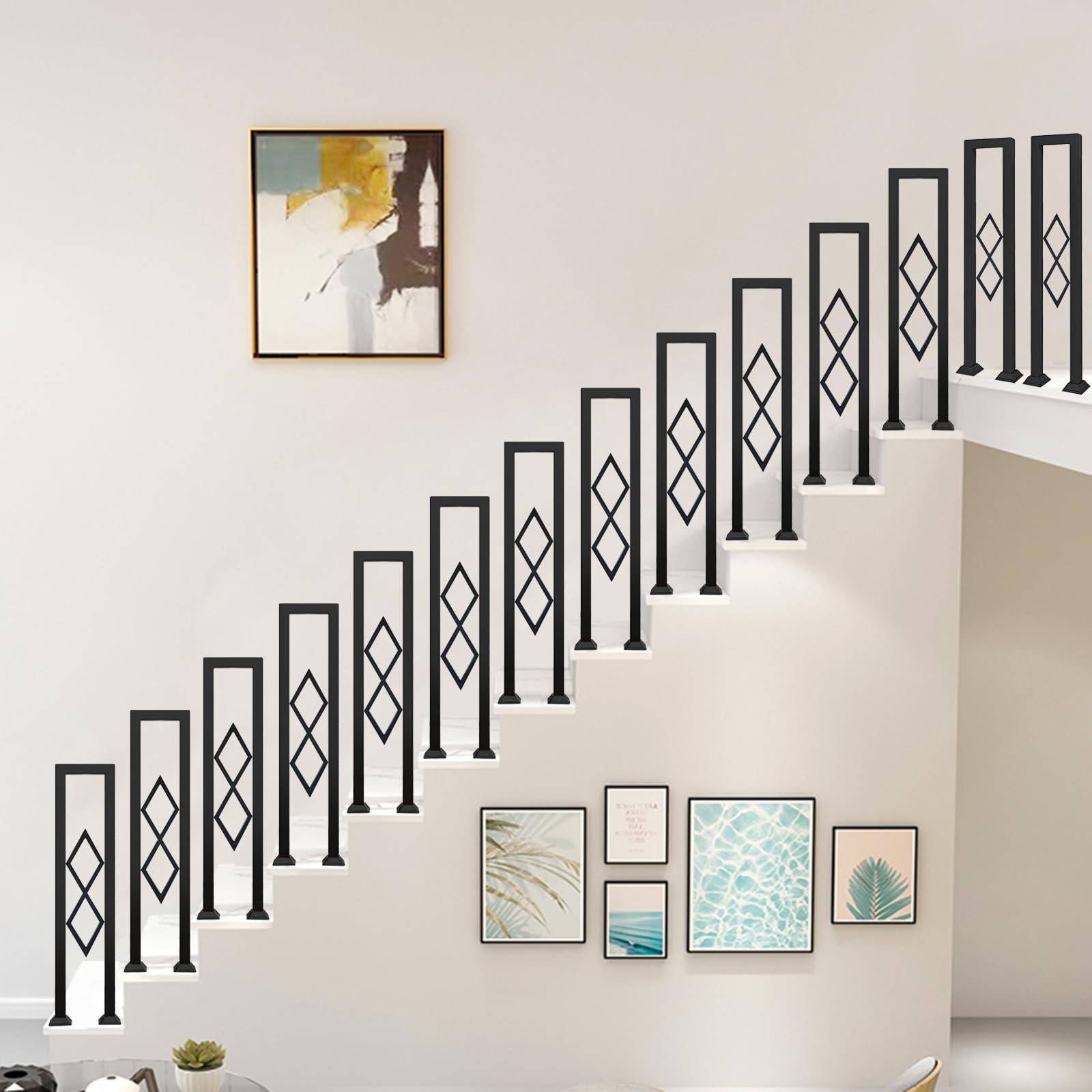 Ringhiera per Scale Forma di U, Metallo Corrimano con Diamante e Base Coperta, Passamano Interna per Loft, Balcone, Balaustra Esterna, Installazione Verticale (Nero, 90cm)