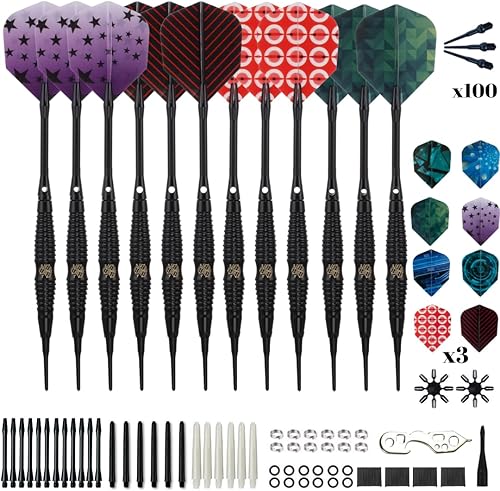 Shot Taker Co. - Juego de dardos de punta suave, 12 piezas con 100 puntas de dardos adicionales, 24 protectores de vuelo y llave para tablero de