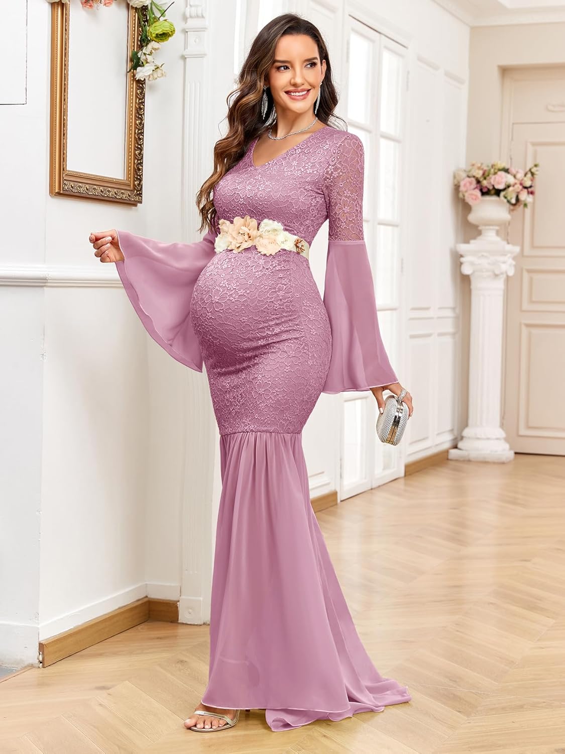 Maternity Dress Baby Shower Long Bell Sleeve Floral Lace Contrast Chiffon V-Neck Mermaid Pregnancy Photoshoot Gown - Image 2