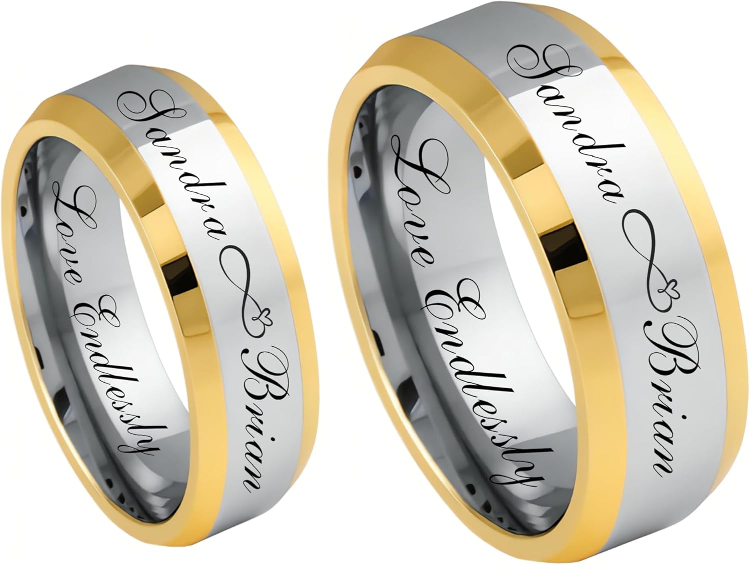 Personalized Two Tone Silver & Gold Tungsten Ring Set - Custom Engraved Wedding Bands - Matching His & Her's Jewelry | Free Engraving In Any Language - Ships from USA