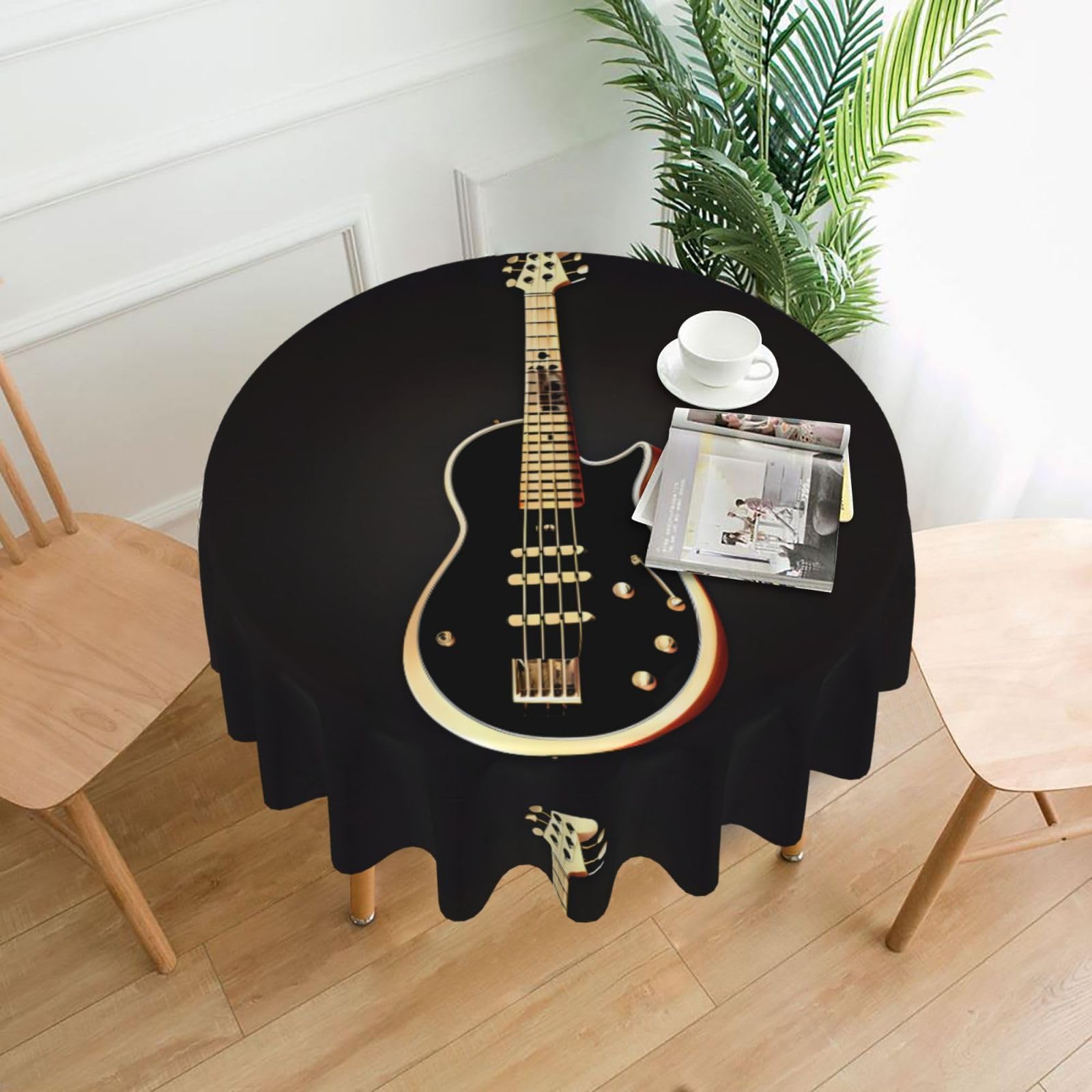 WHJSHOP Black Guitar Prints Round Decorative Throw – 60in Stylish Table Cover for Dining, Parties & Outdoor Events