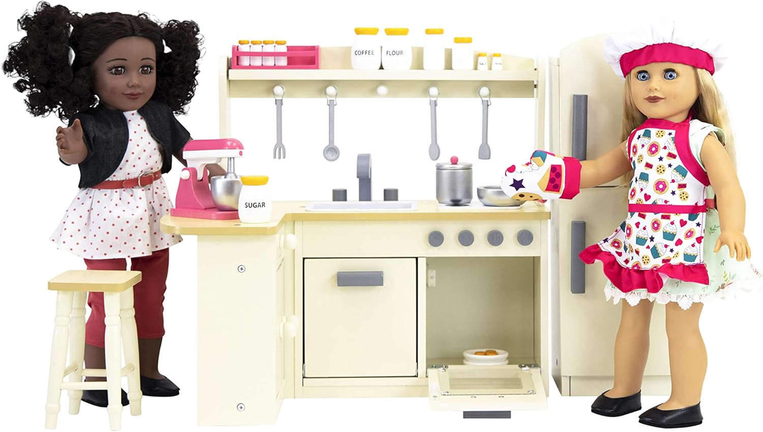 Playtime by Eimmie 18 Inch Doll Kitchen Set with Refrigerator, Baking Accessories + Ingredients, and Sink | Play Kitchen | Dollhouse Furniture | American Girl, Our Generation and Other 14"-18" Dolls : Toys & Games