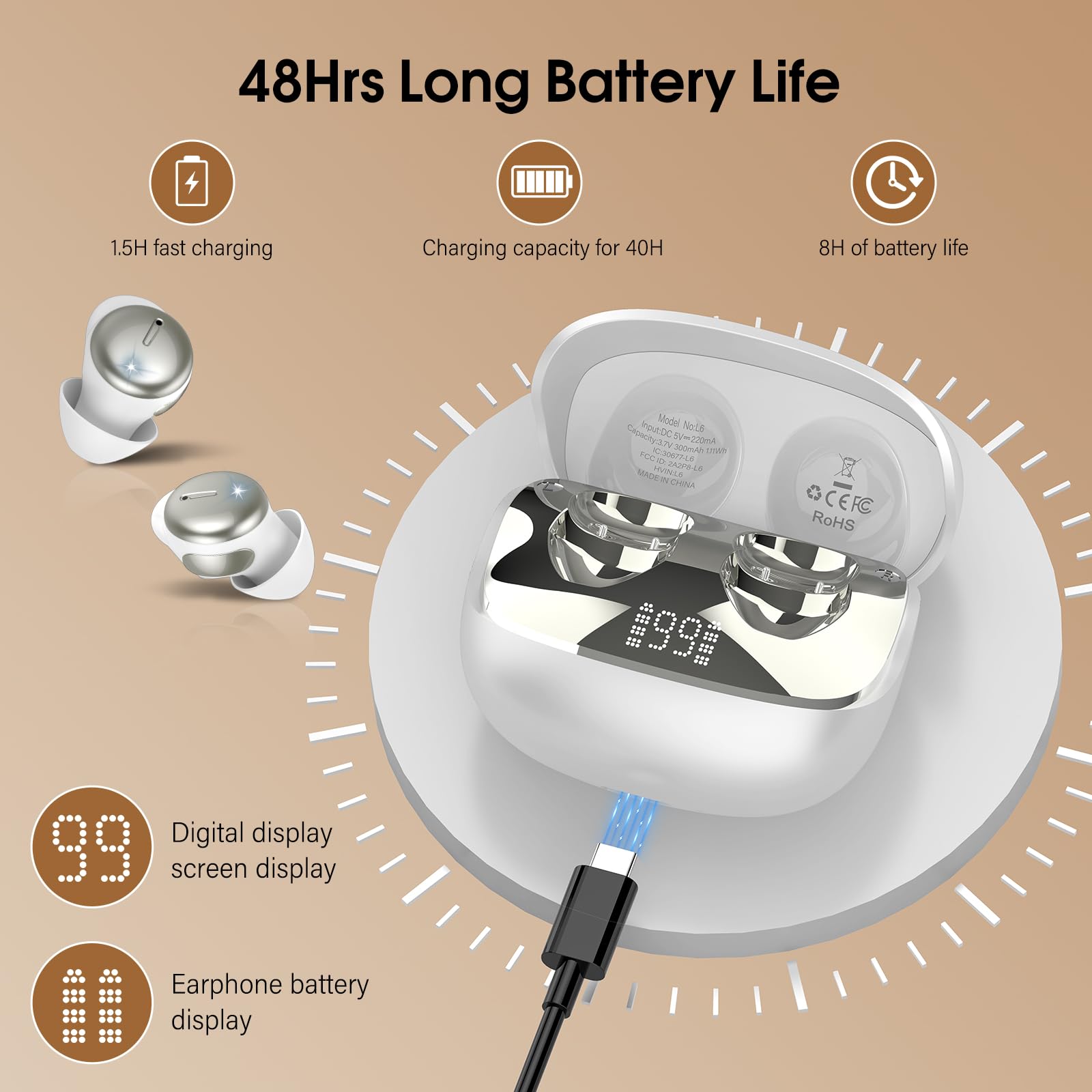 Sleep Earbuds Bluetooth 5.4 in Ear Light-Weight Headphones with Sleep Mode and White Noise, Mini Sleep Ear Buds for Side Sleepers, Clear Calls, 48H Sleep Earphones for Relaxing/Focus, White — view 4