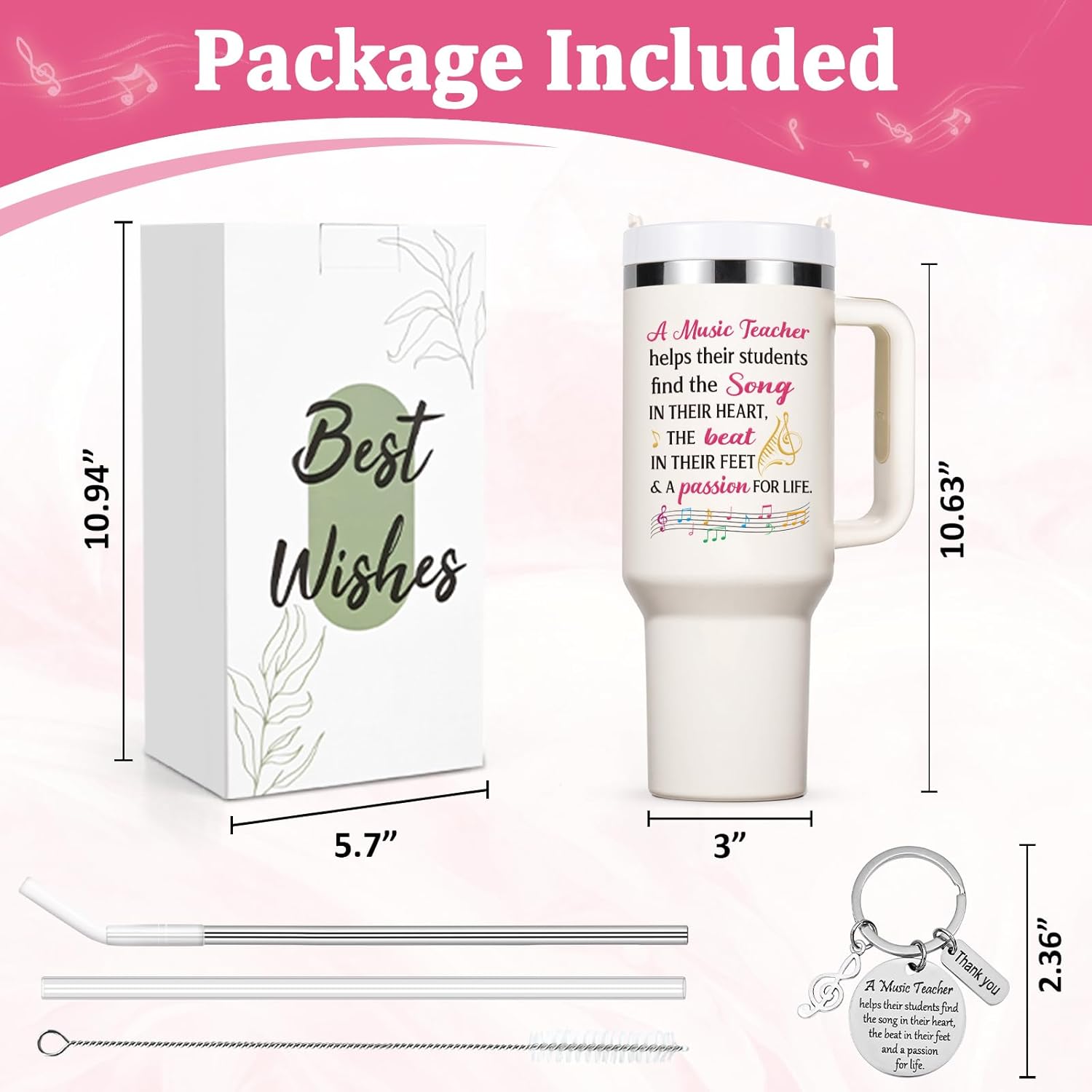 Qtencas Music Teacher Gifts, 40oz Tumbler with Key Chain, Birthday Music Teacher Appreciation Gifts for Women, Creamy