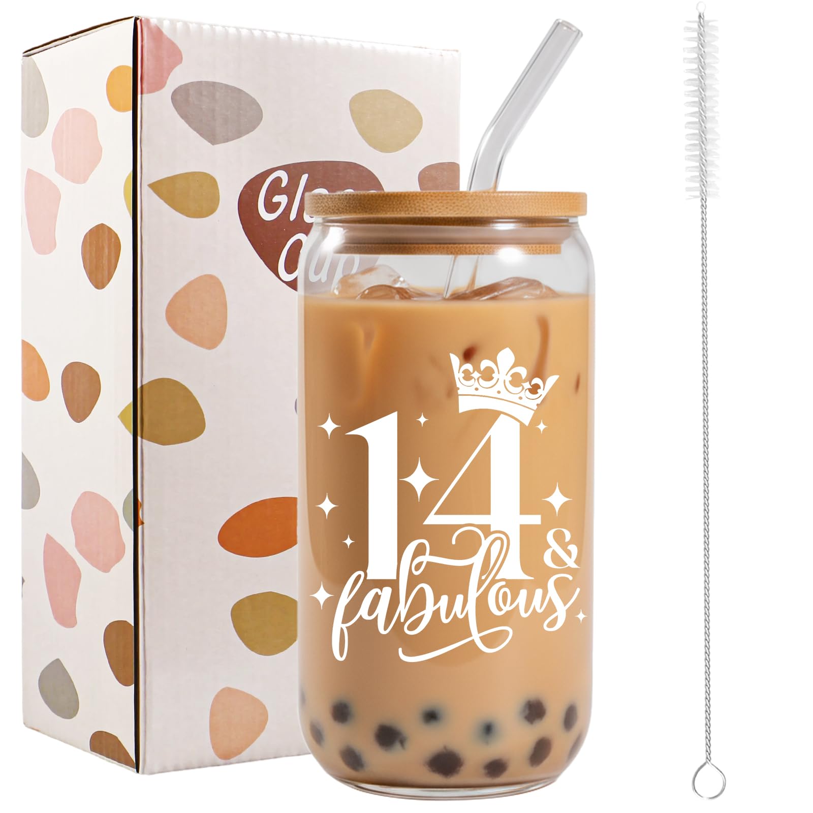 Bliceon 14th Birthday Gifts for Girls, 14th Birthday Iced Coffee Cup, 16oz Glass Cups with Lids and Straws for Daughter, Sister, Best Friend, Granddaughter, 14 Year Old Girl