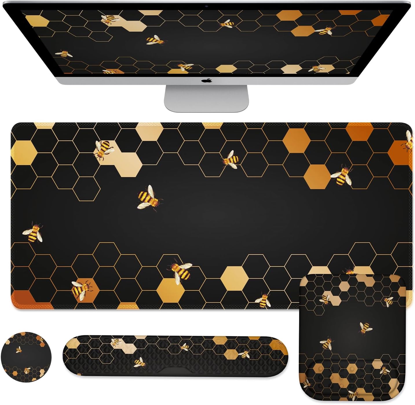 iCasso Desk Mat, 4in1 Gaming Mouse Pad with Wrist Rest, Large Desk Pat+Keyboard Wrist Rest+Mouse Wrist Rest+Coaster Set with Ergonomic Design, Non-Slip for Home Office Desk Computer, Honeycomb