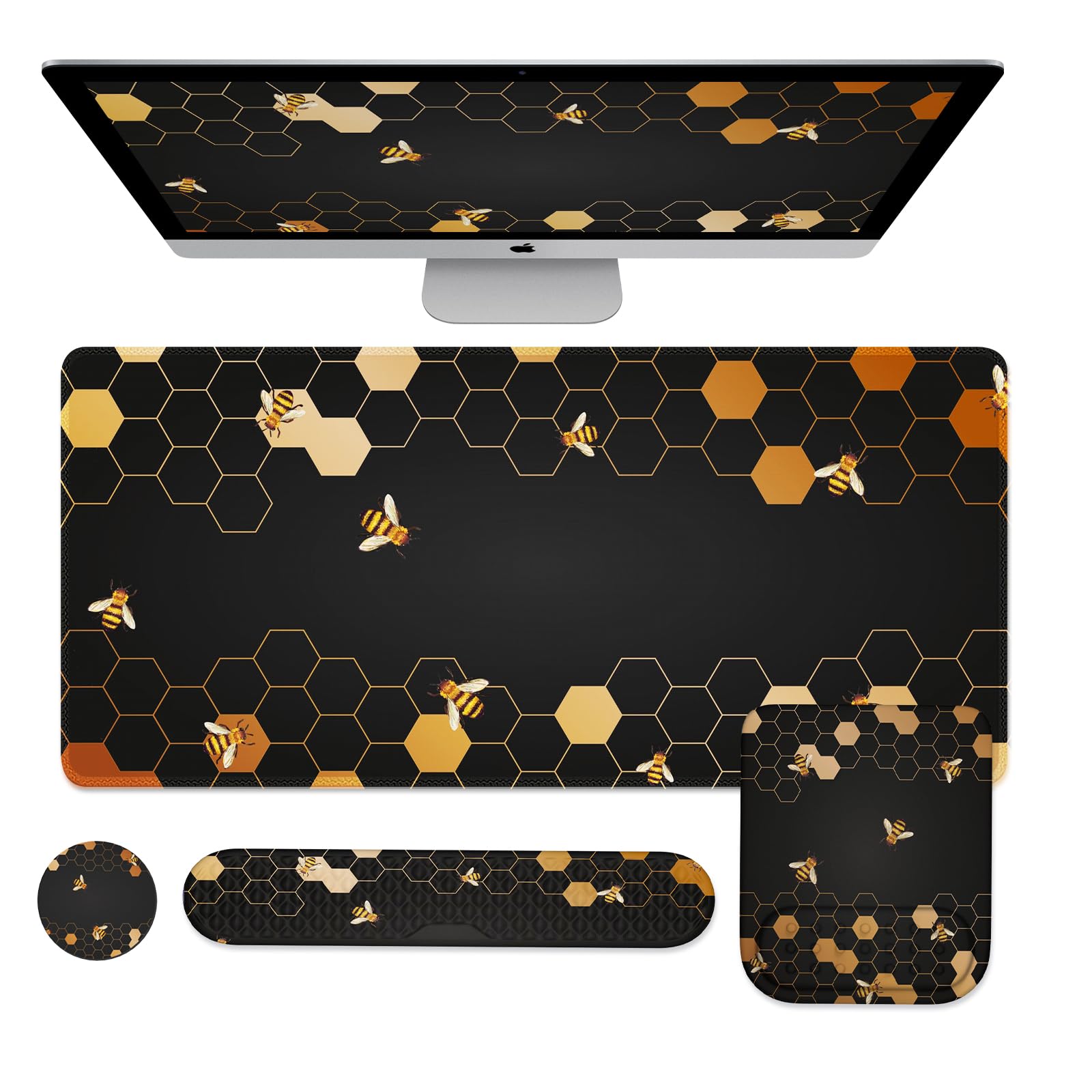 iCasso Desk Mat, 4in1 Gaming Mouse Pad with Wrist Rest, Large Desk Pat+Keyboard Wrist Rest+Mouse Wrist Rest+Coaster Set with Ergonomic Design, Non-Slip for Home Office Desk Computer, Honeycomb