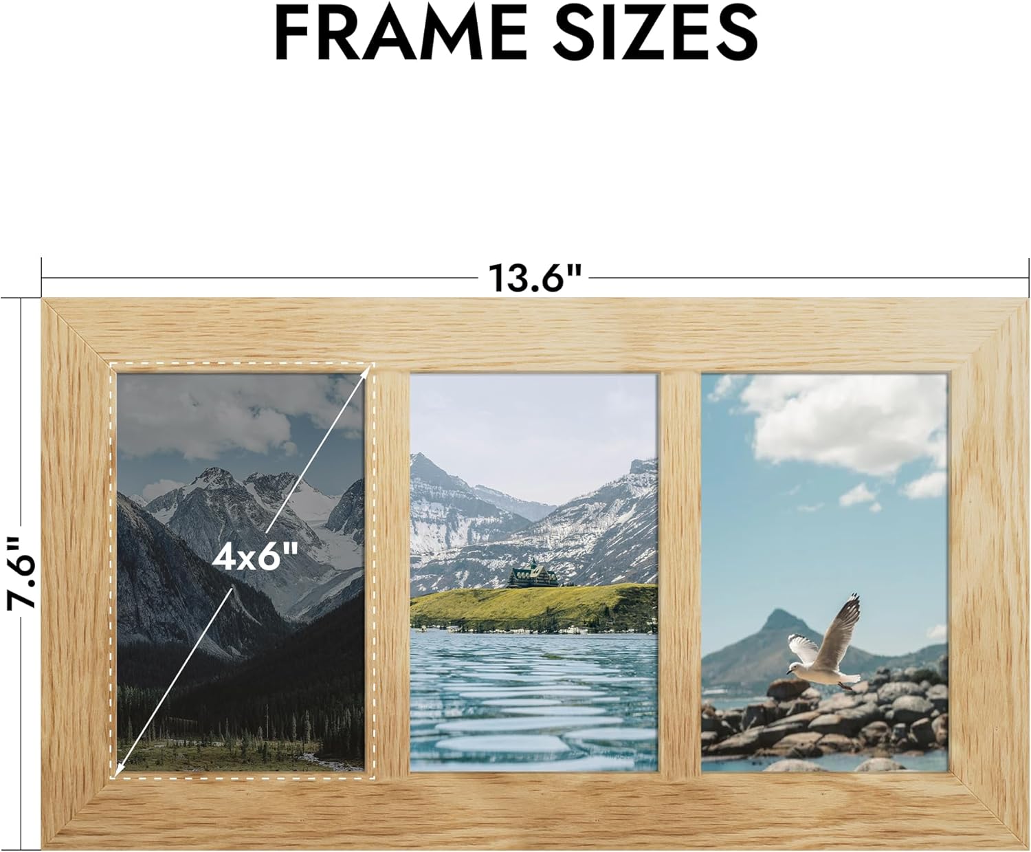 Hongkee 4x6 Oak Wood Picture Frame Collage, Real Glass and Solid Wooden Frames, Display 3 4x6 Picture Frame for Wall Hanging or Tabletop(1Pack, Natural)