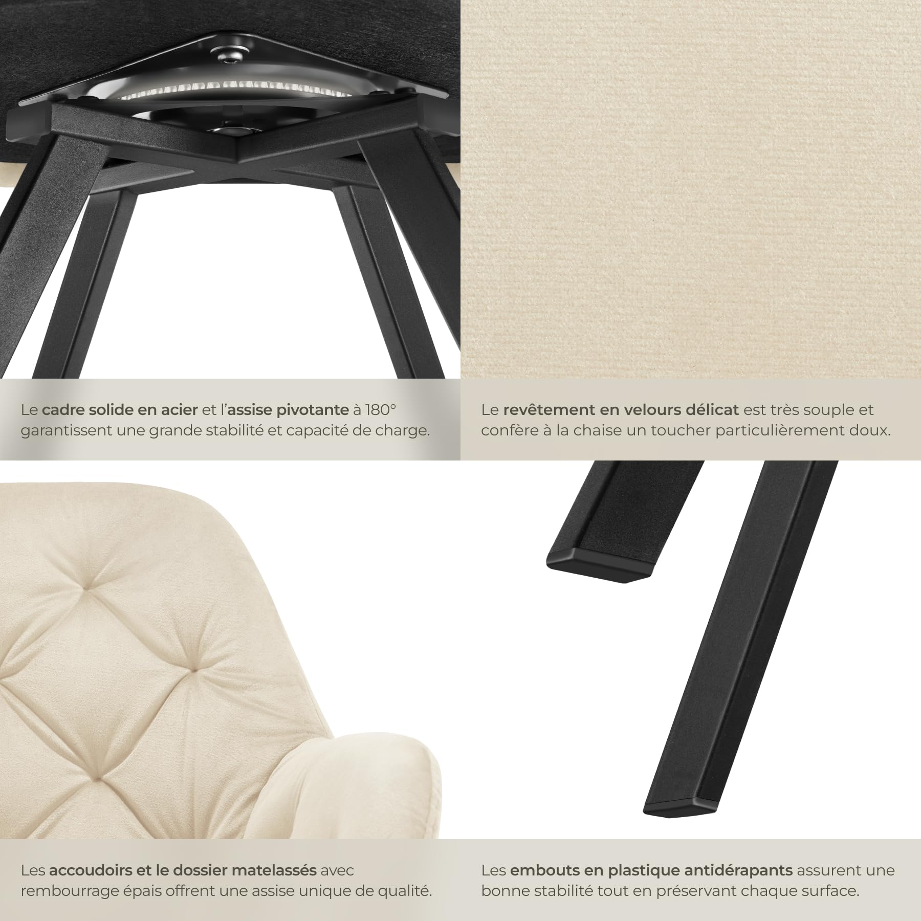 Tectake Chaise pivotante en velours Lona avec rembourrage épais - crème Tectake Chaise pivotante en velours Lona avec rembourrage épais - crème