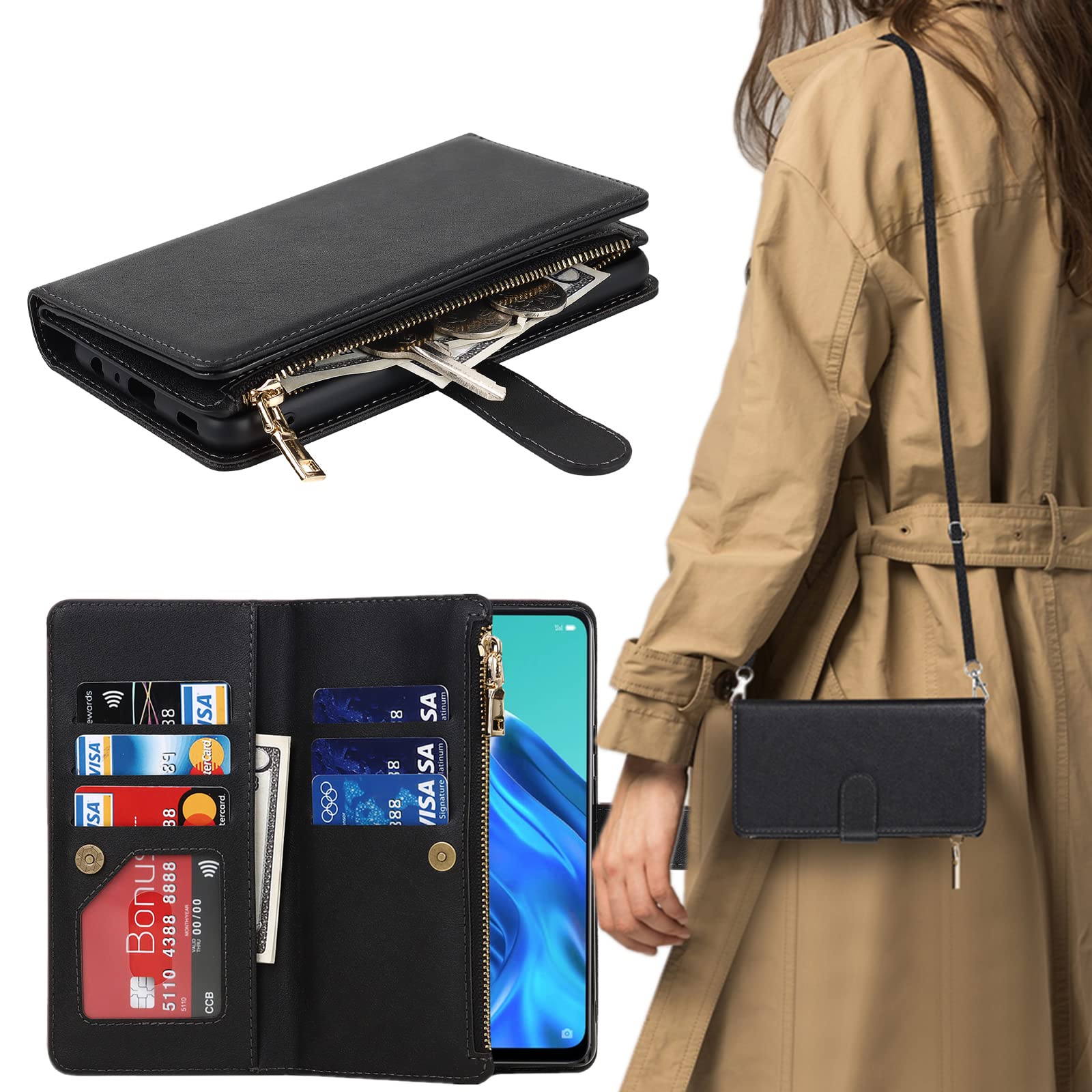 Ｈａｖａｙａ Moto G Power 2021 Wallet Case with 9 Card Slots -Magnetic Zipper case-with Long Lanyard -for Moto G Power 2021 -Black