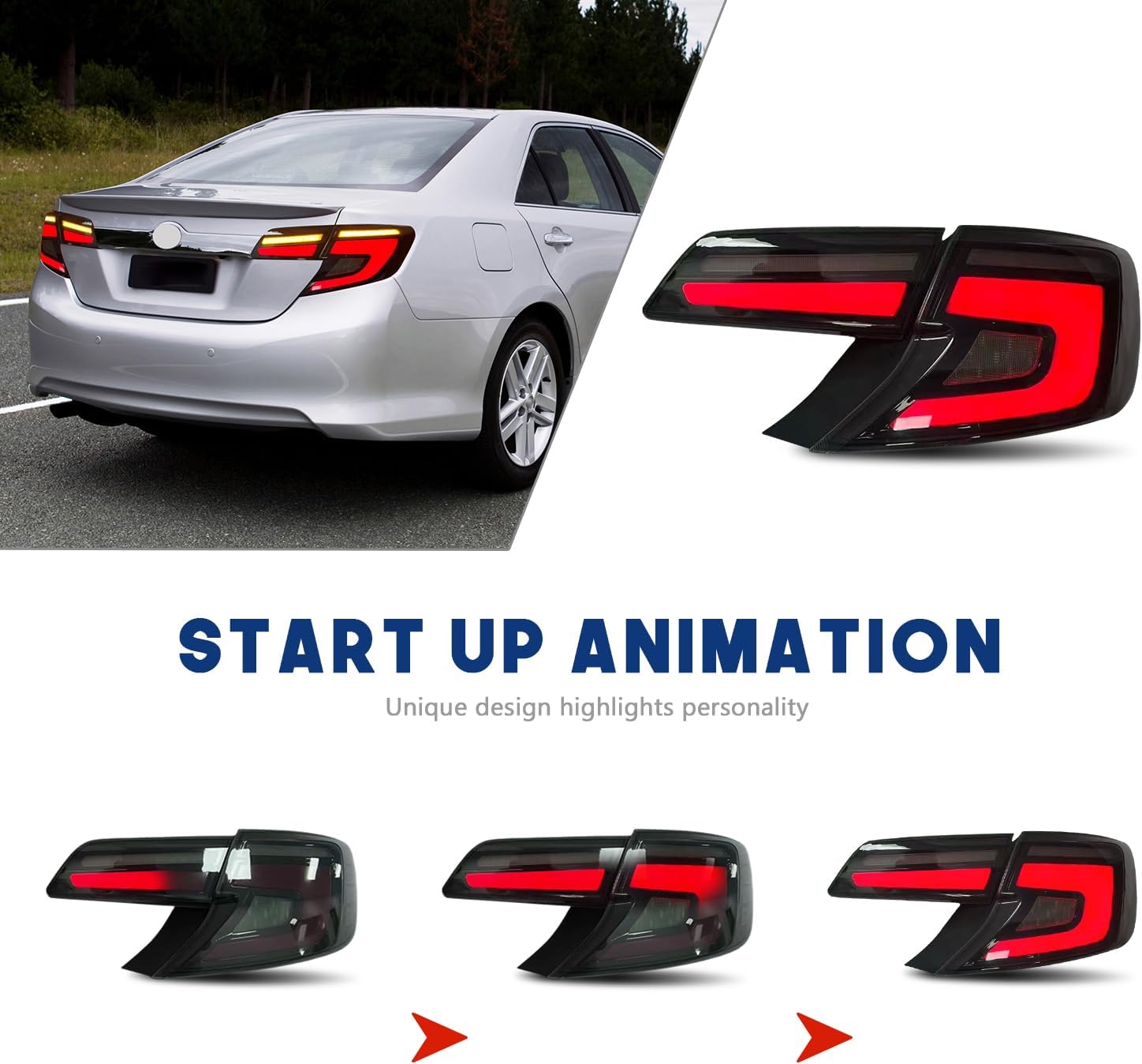 HCmotion Tail Lights Assembly For 2012 2013 2014 Toyota Camry 7th Gen(XV50) Camry L/LE/XLE/Hybrid LE XLE, LED Rear Lamp With Start up Animation & Sequential Turn Signal (Smoked)