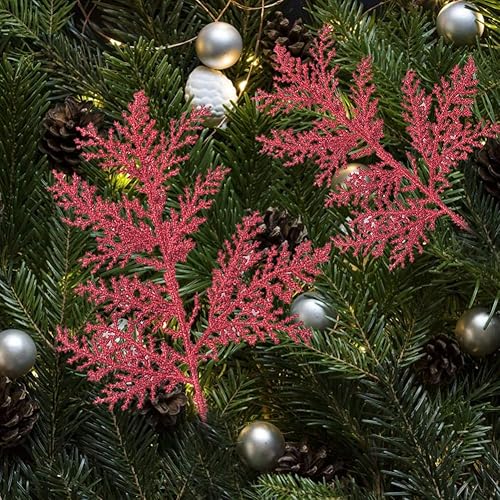 Miniatura 4 de DUDNJC - 10 piezas de hoja de helecho artificial con purpurina de Navidad, adorno de rama de árbol de imitación roja, colgante de corona de Navidad