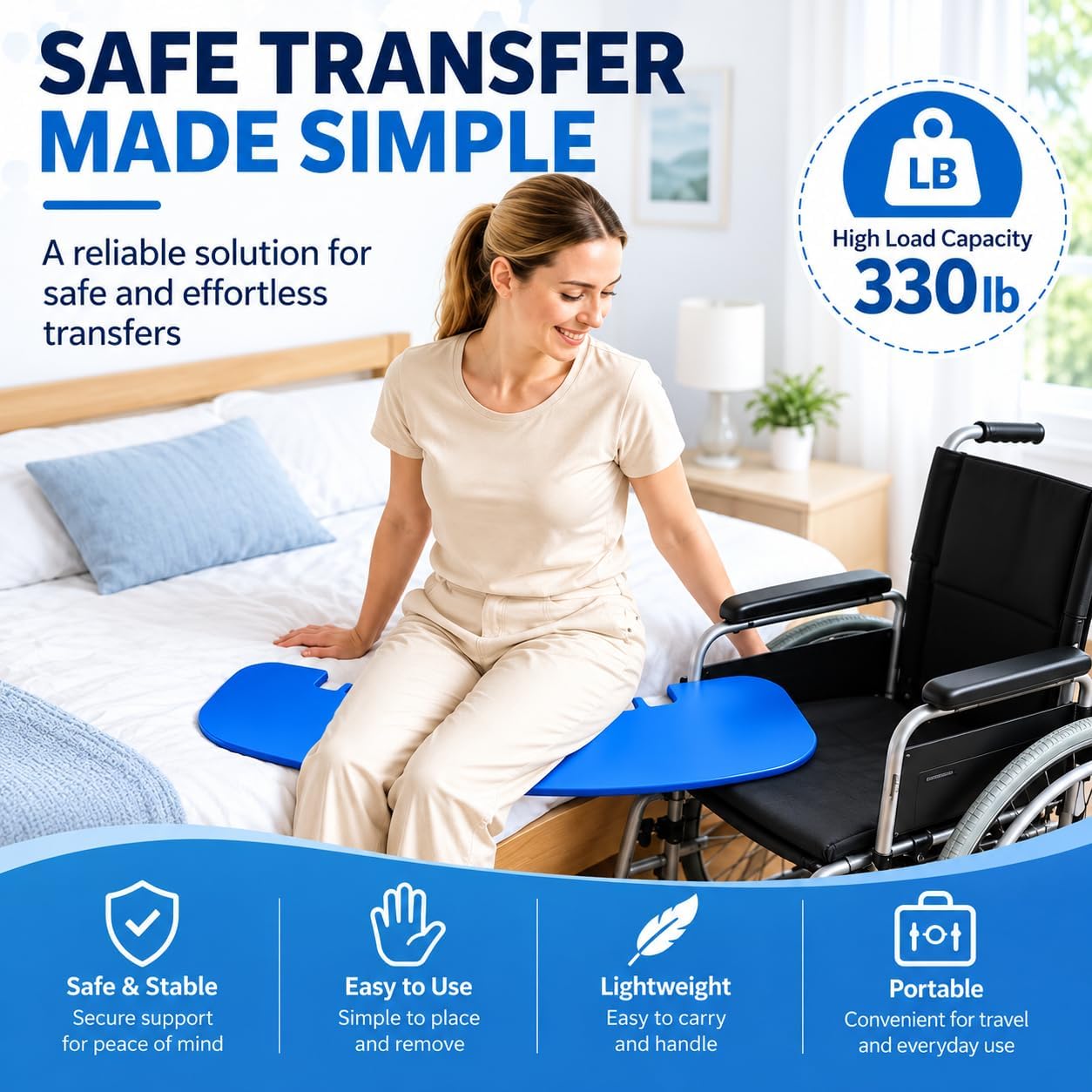Slide Transfer Board, 33.5in Non-Slip Sliding Assist Board, Mobility Transfer Device for Elderly Seniors, Easy Transfer from Wheelchair to Bed, Car, Toilet, Supports Up to 330 Lbs