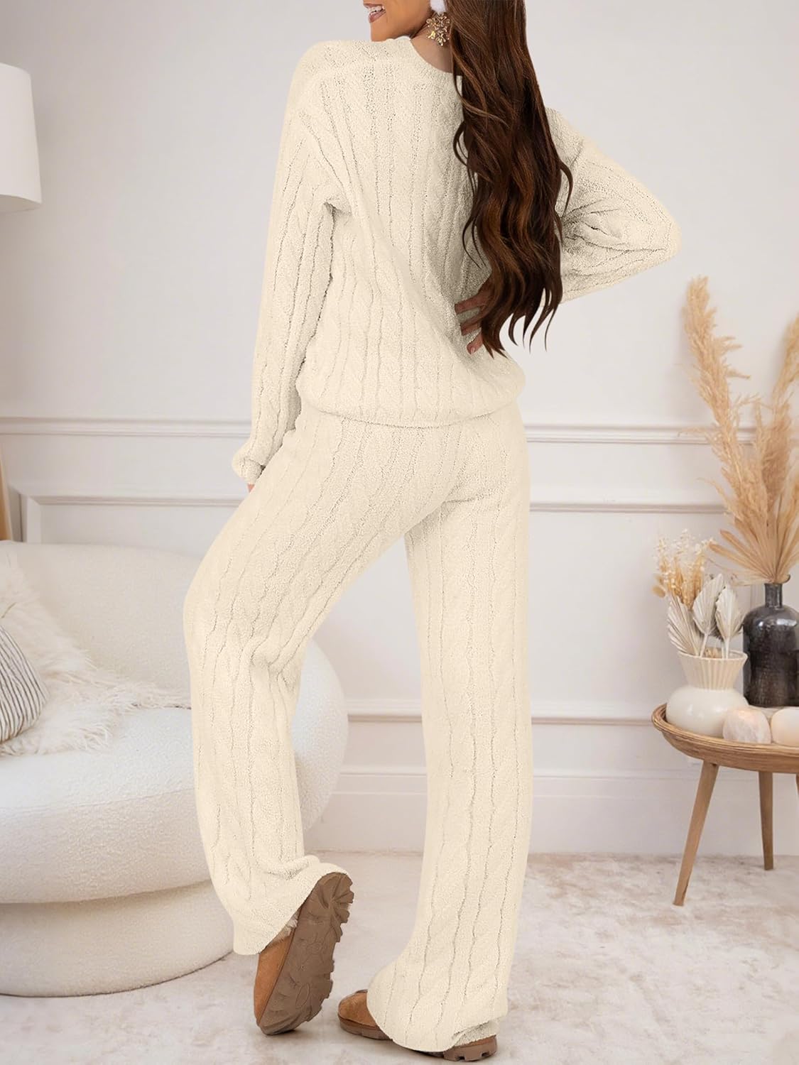 ANRABESS Women's Fuzzy Fleece Pajama Set 2 Piece Outfits Lounge Knit Oversized Sweater Pj Sets 2025 Fall Winter Loungewear - Image 3