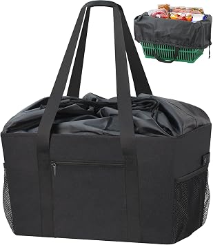 Large Capacity Foldable Tote Bag with Drawstring, Shopping Bag with Basket Size, Lightweight, Durable, Hand-held and Shoulder Strap, Shopping Bag, Black, Big, Casual