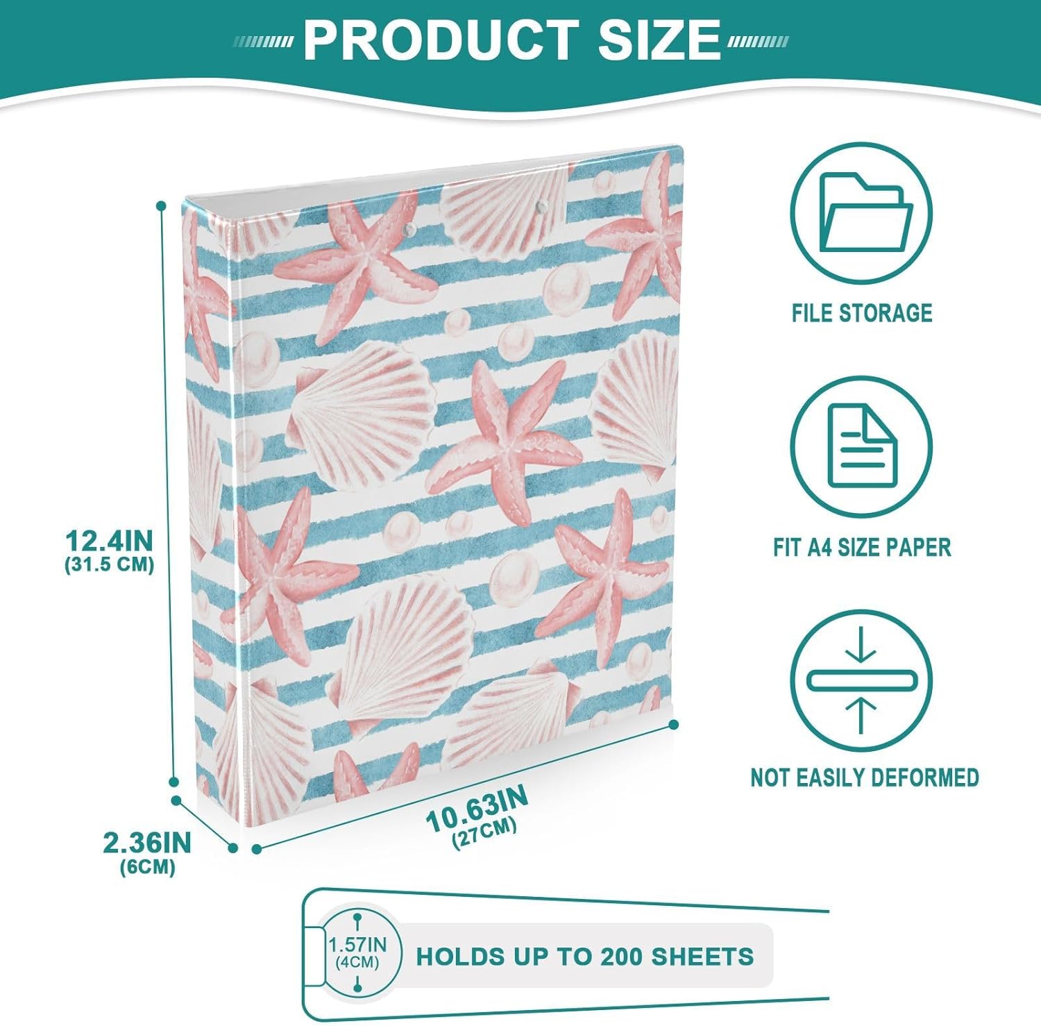 Coastal Seashell with Starfish Striped Binder 1.5 Inch Binder with Clipboard&Pockets, Hardcover Binders 3 Ring, Heavy Duty Large File Folder for Home Office School Supplies - Holds 200 Sheets