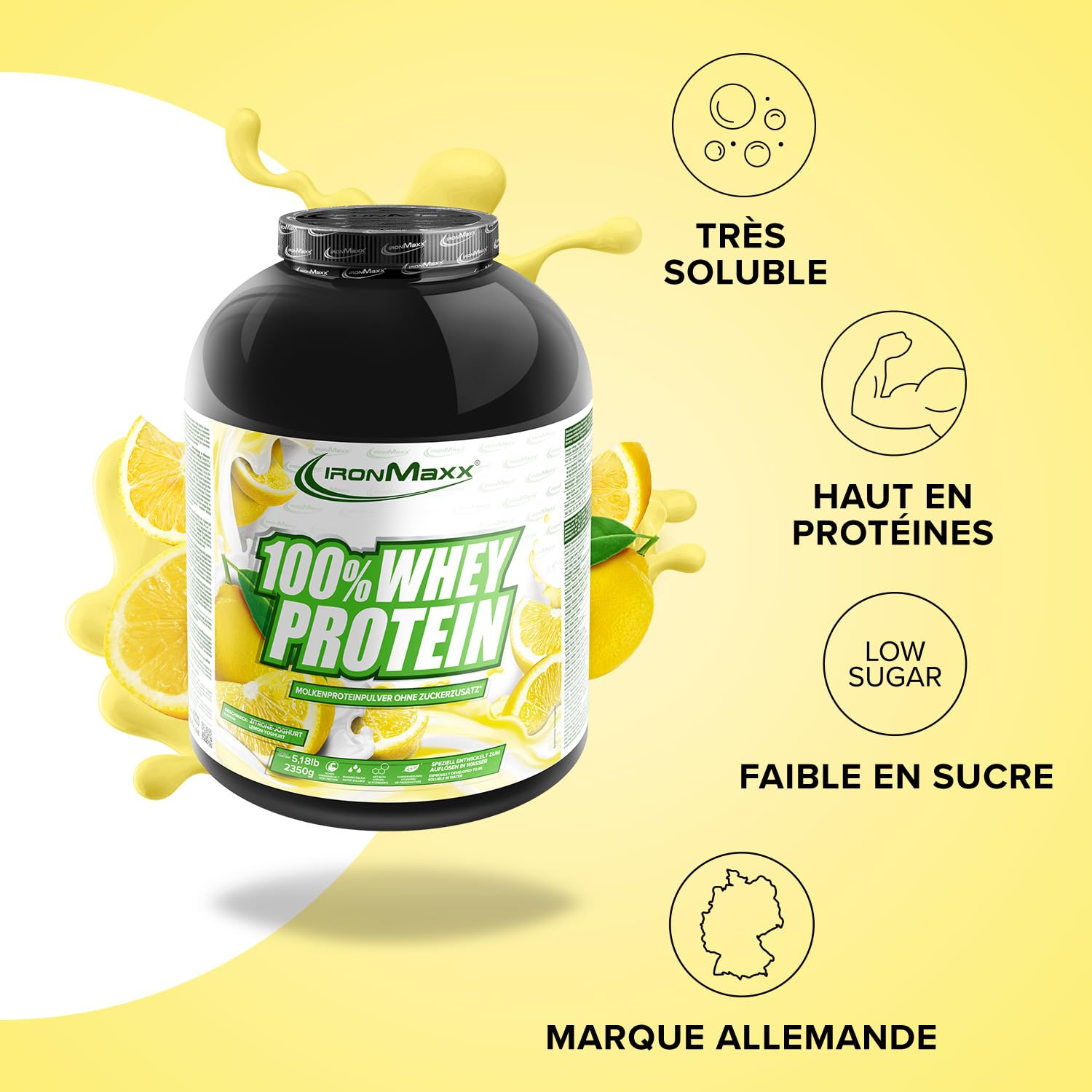 IronMaxx 100% Whey Protein Poudre - Citron Yaourt Boîte de 2,35 kg | poudre de protéine de lactosérum réduite en sucre et soluble dans l'eau | de nombreuses saveurs différentes