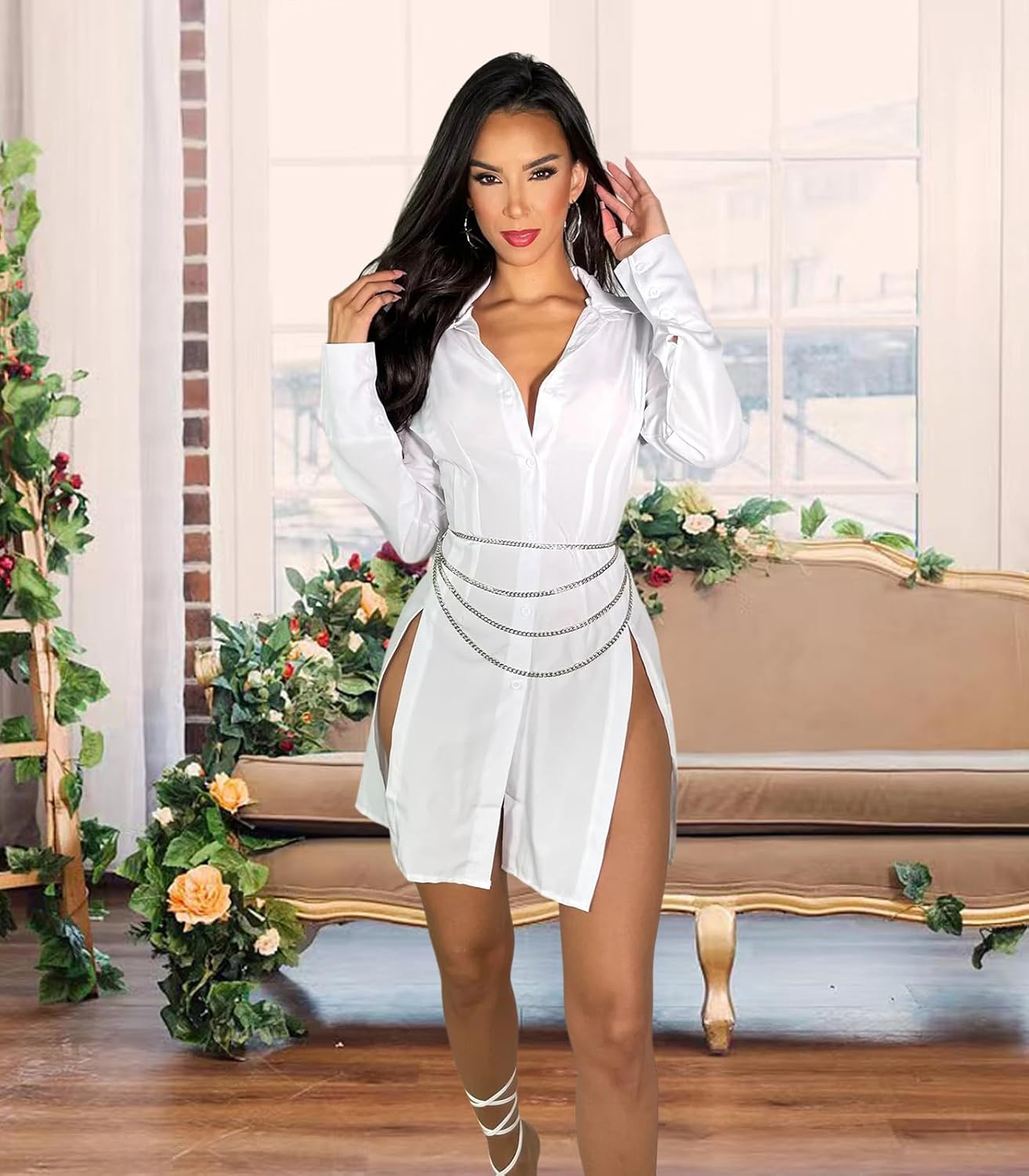 Shirt Dress for Women Sexy Button Down Date Night Dresses Ruched Slit Stand Collar Long Sleeve Blouses - Image 3